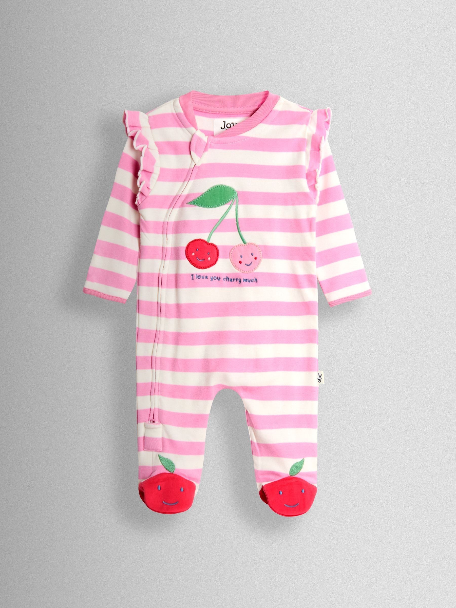 Pink Cherry 100% Cotton Footed Frill Sleepsuit - Image 1 of 3 Pink Cherry 100% Cotton Footed Frill Sleepsuit - Image 1 of 3