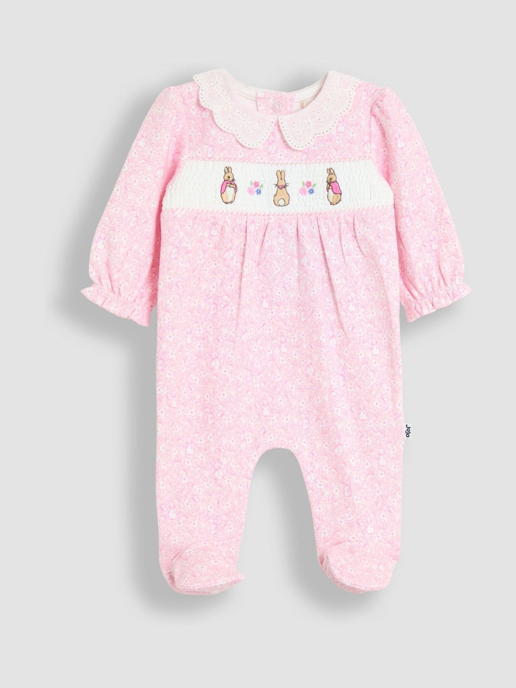 Pink Ditsy Floral Flopsy Smocked Collared Sleepsuit JoJo Maman Bébé