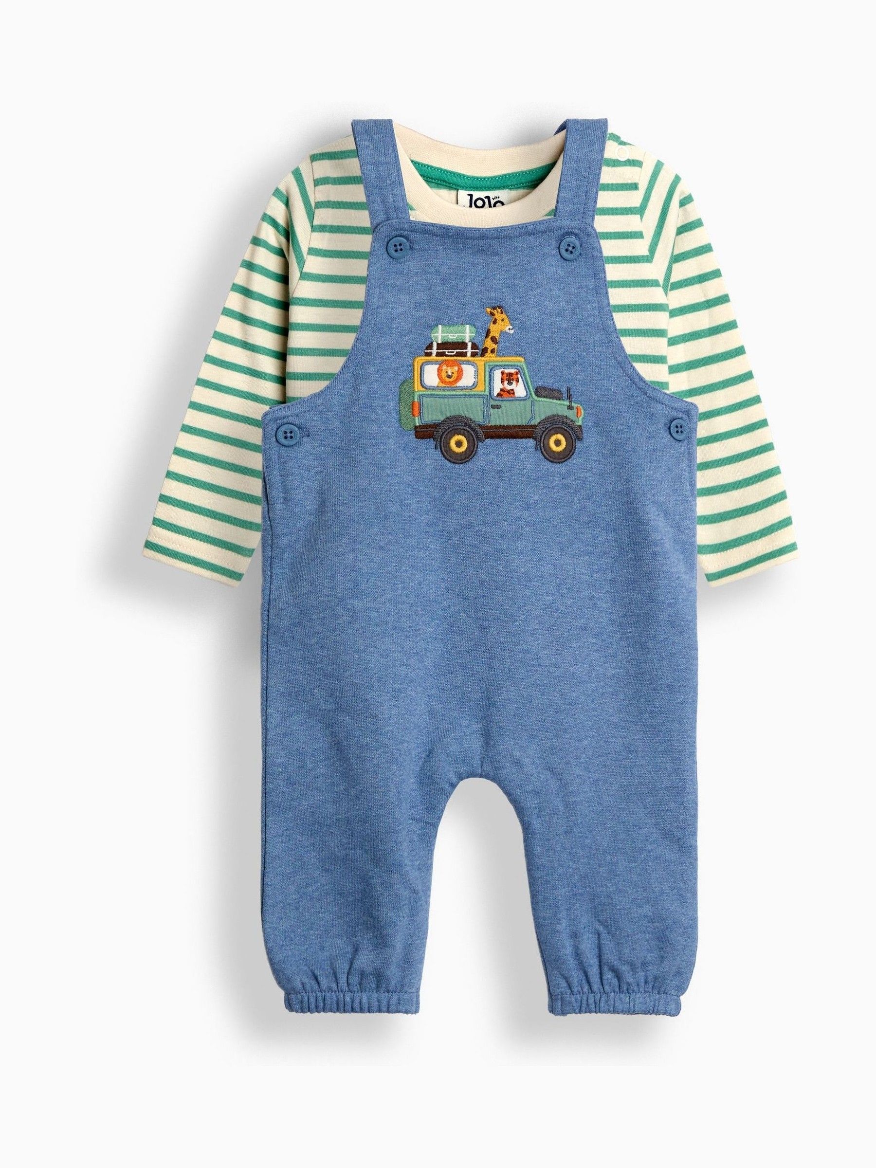 Dark Blue 2-Piece Appliqué Dungarees & Stripe Top Set - Image 1 of 7