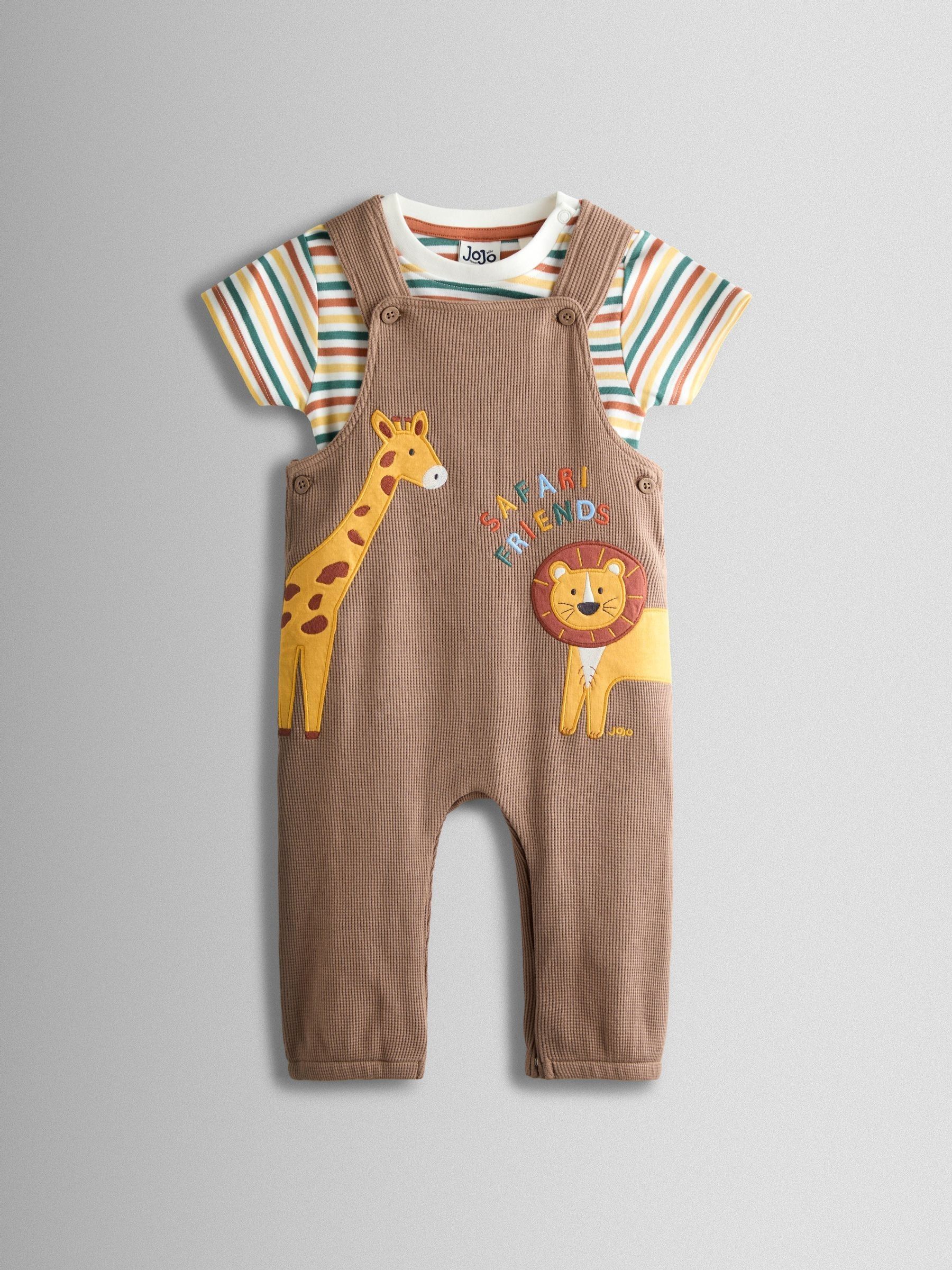 Brown 2-Piece Appliqué Waffle Dungarees & Top Set - Image 1 of 7