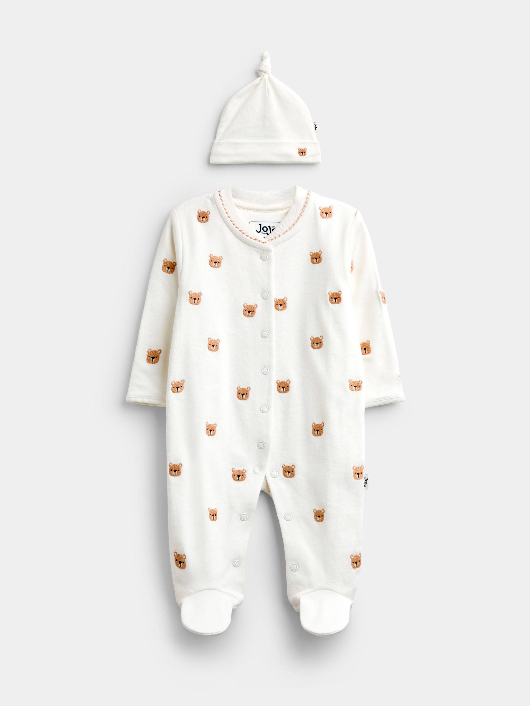 Cream Bear Embroidered Organic Cotton Sleepsuit & Hat Set - Image 1 of 8