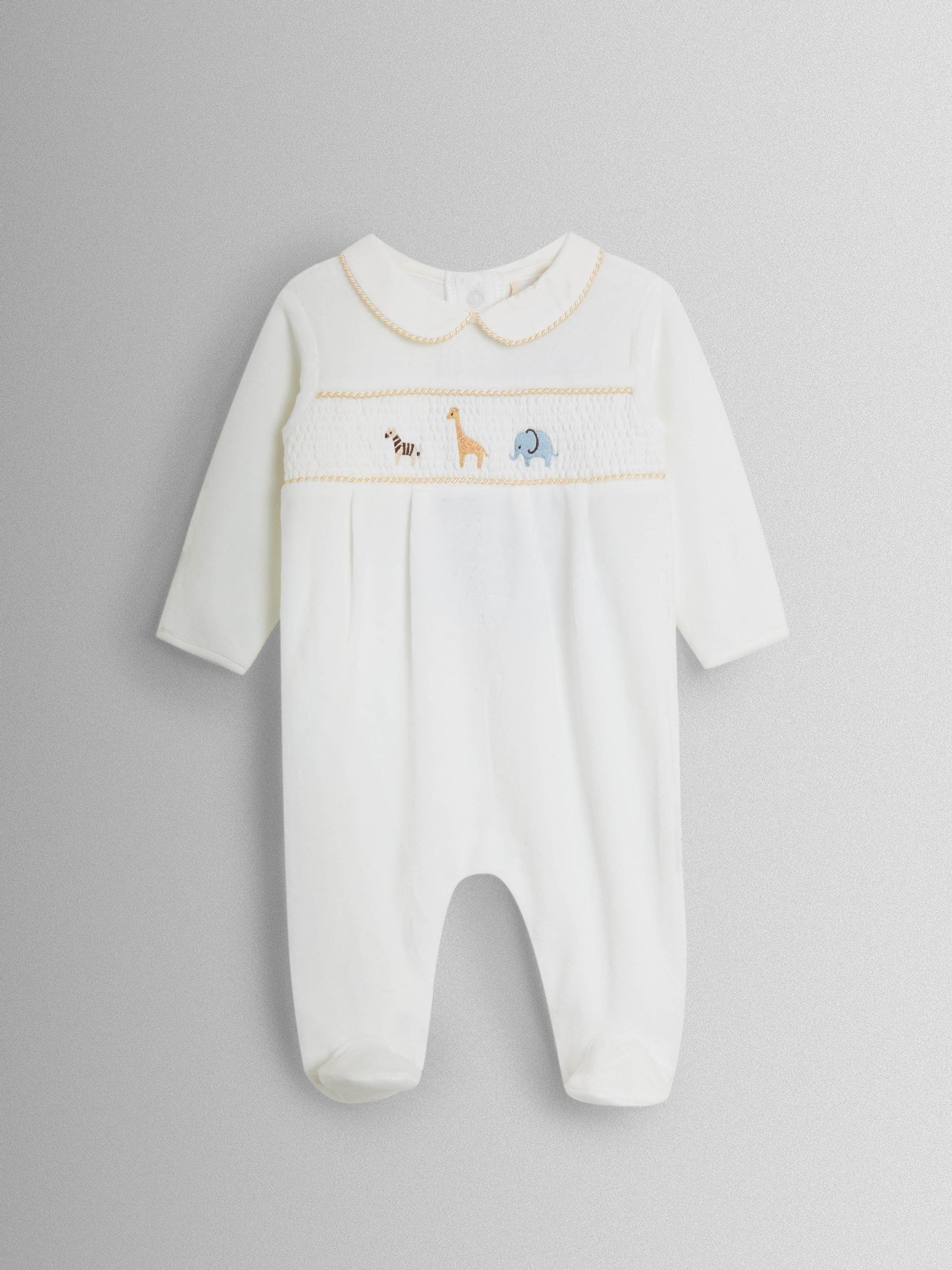 Cream Safari Smocked Velour Footed All- In- One - Image 1 of 3
