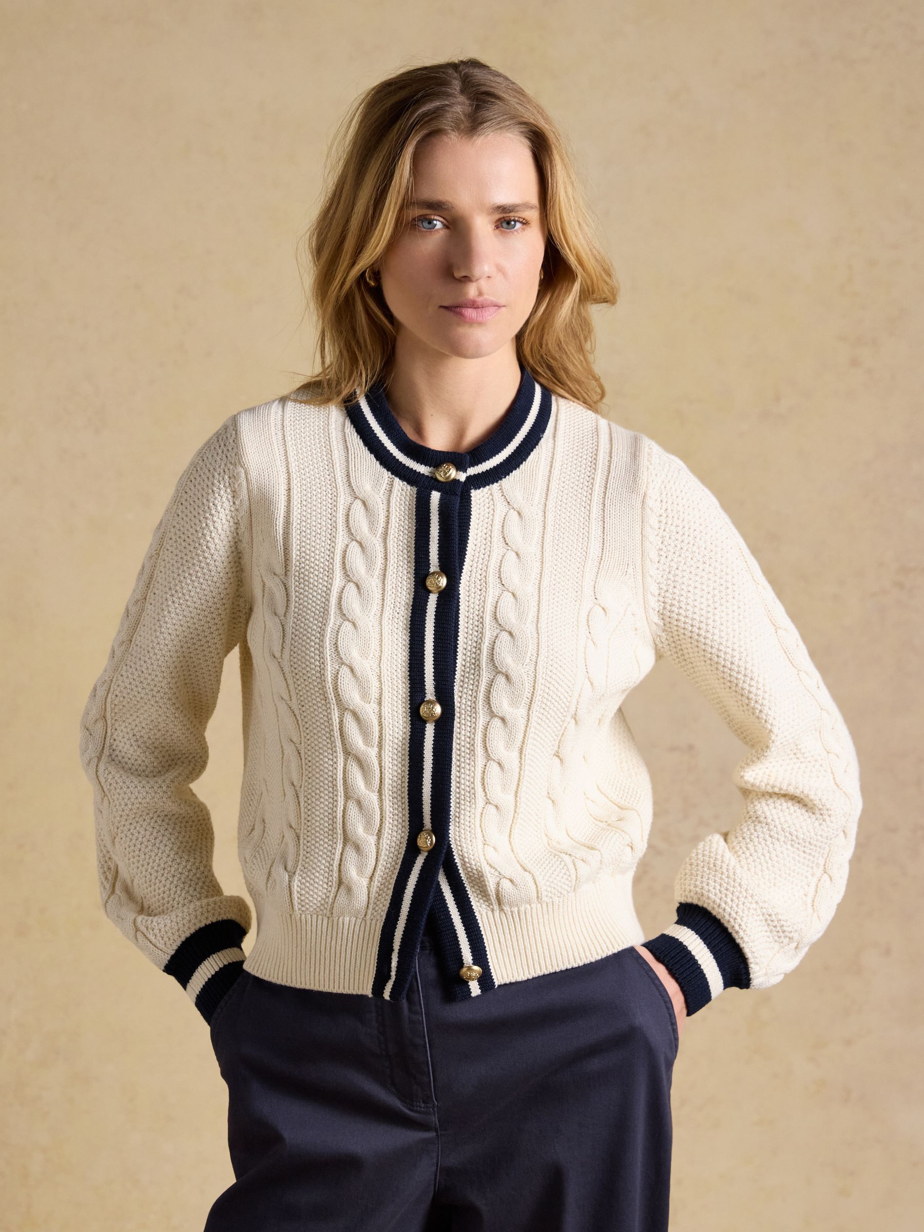 Cream Cotton Cable Crew Neck Cardigan - Image 1 of 7