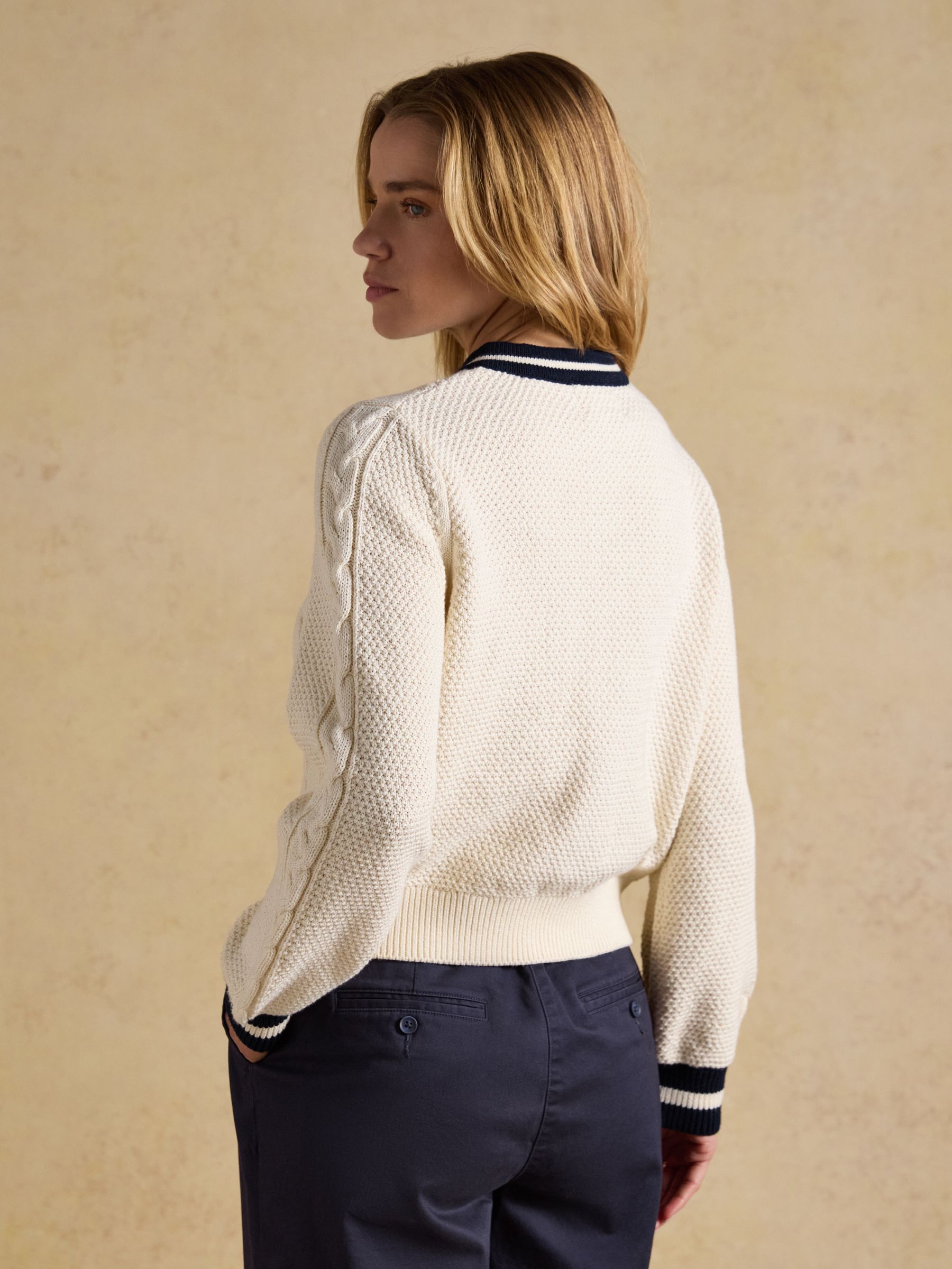 Cream Cotton Cable Crew Neck Cardigan - Image 2 of 7