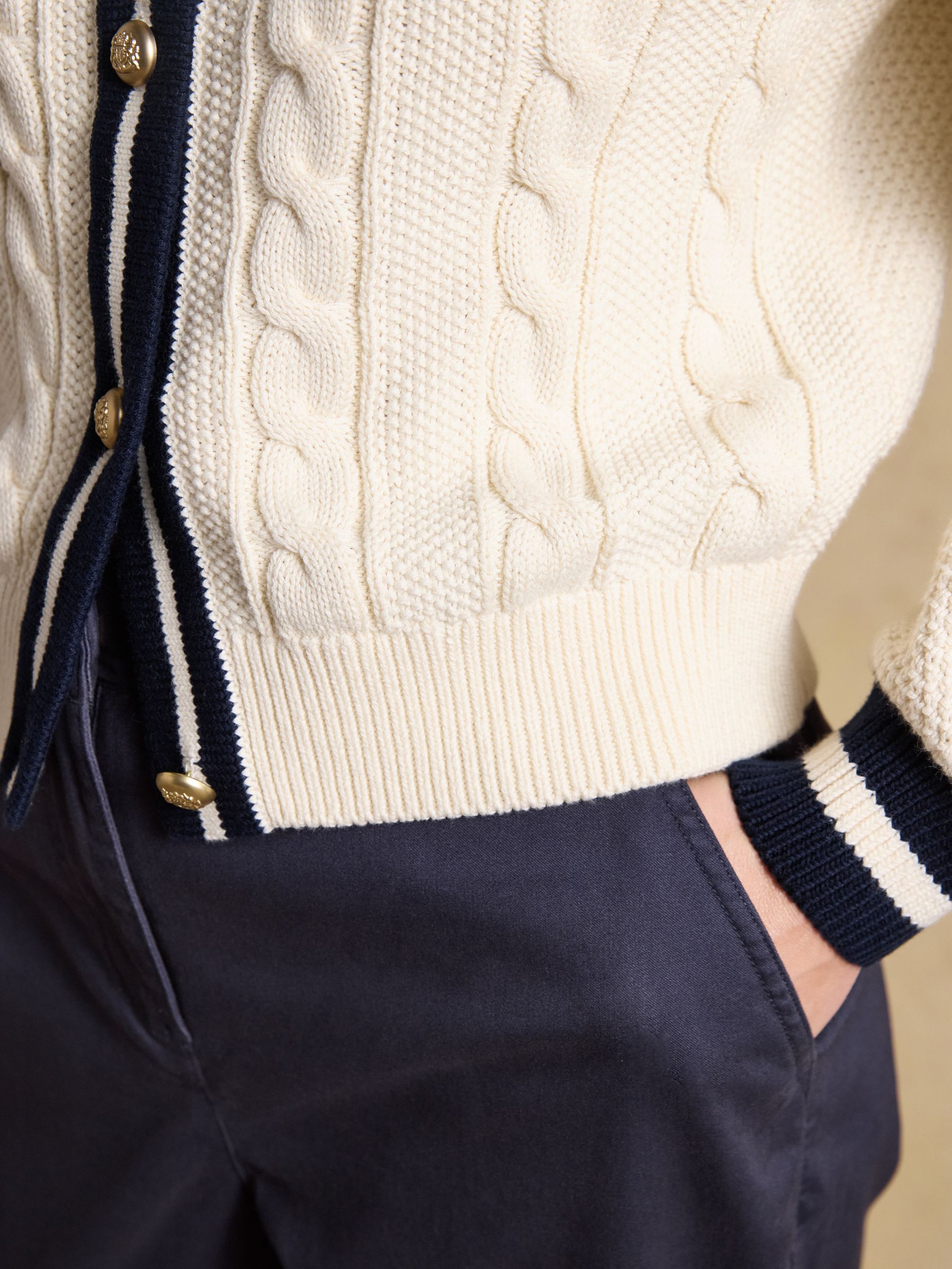 Cream Cotton Cable Crew Neck Cardigan - Image 6 of 7