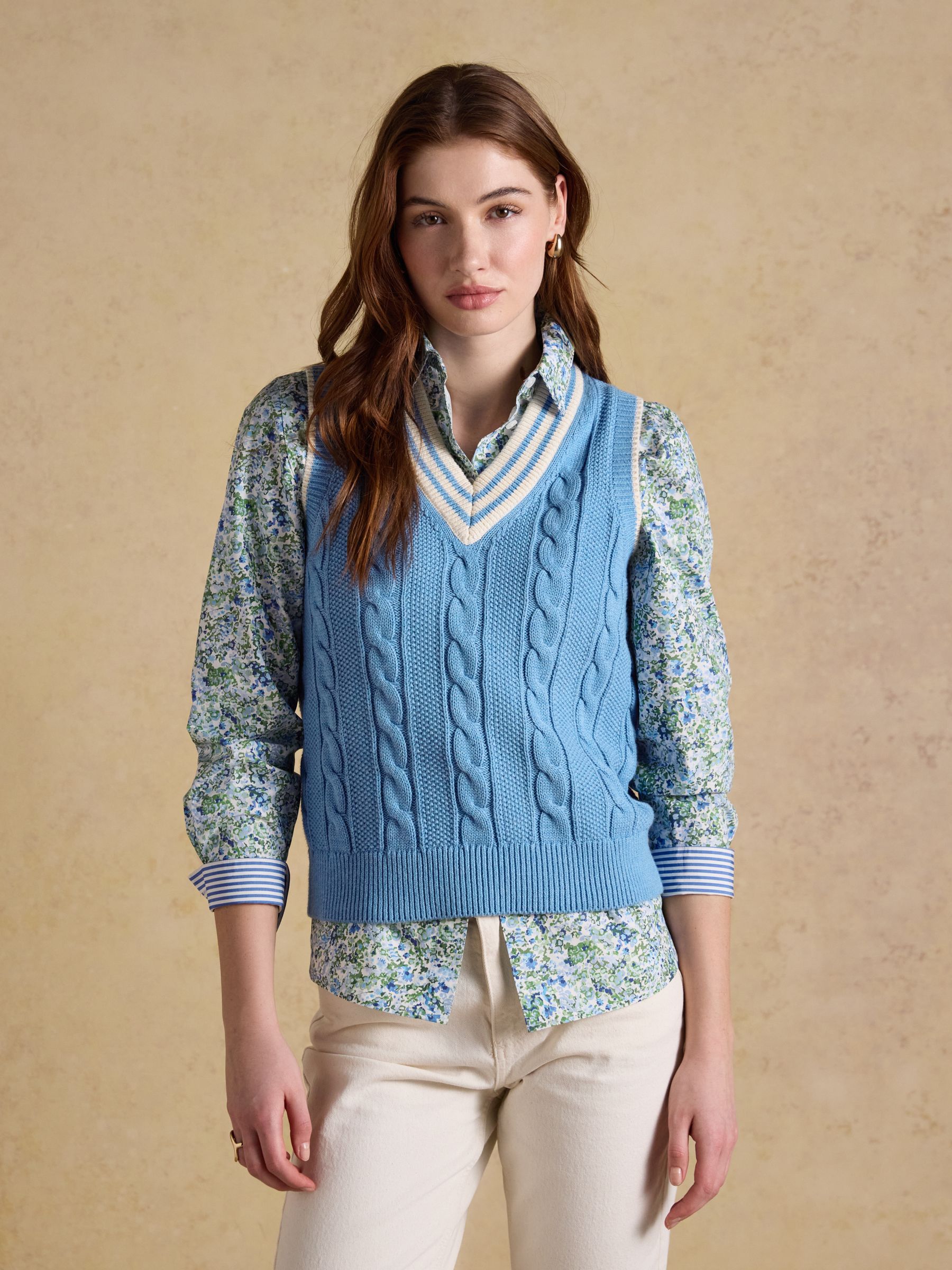 Blue Cotton Cable Knit Cricket Vest - Image 1 of 8 Blue Cotton Cable Knit Cricket Vest - Image 1 of 8