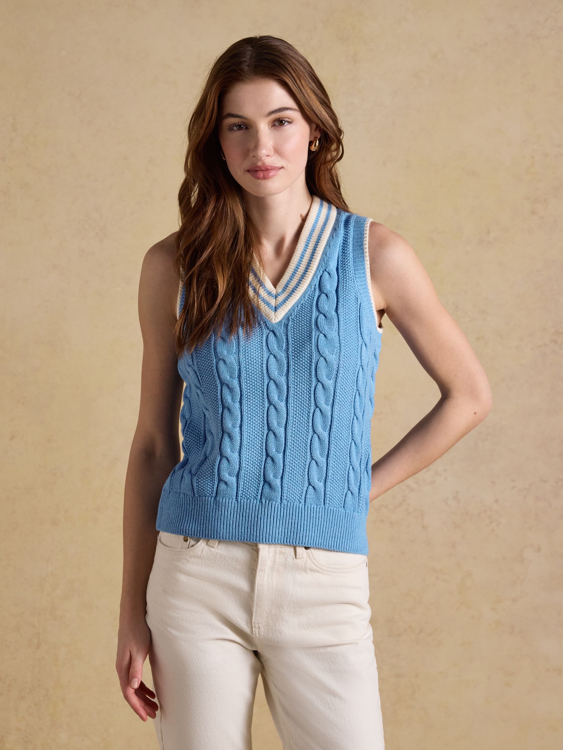 Blue Cotton Cable Knit Cricket Vest | Joules