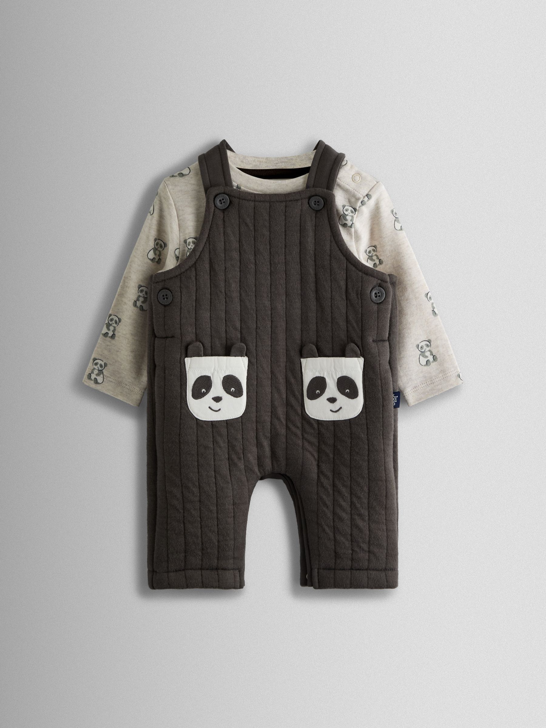 Charcoal Grey Panda 2-Piece Quilted Dungarees & Top Set - Image 1 of 6