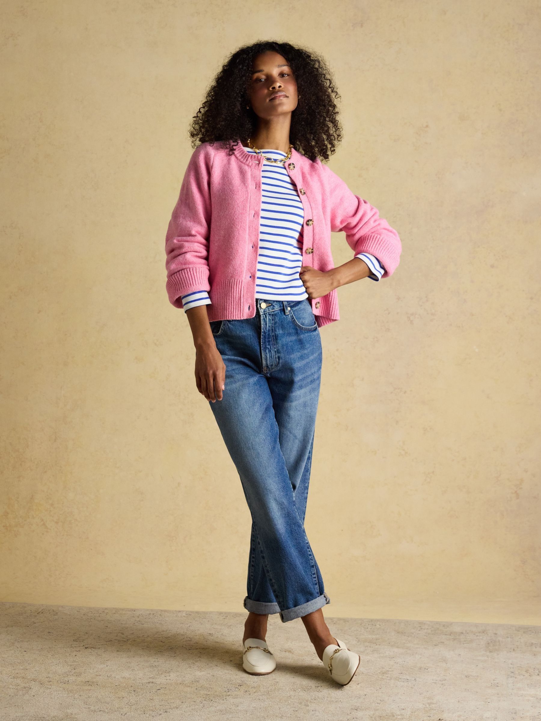 Pink Relaxed Knitted Round Neck Button Through Cardigan - Image 3 of 9