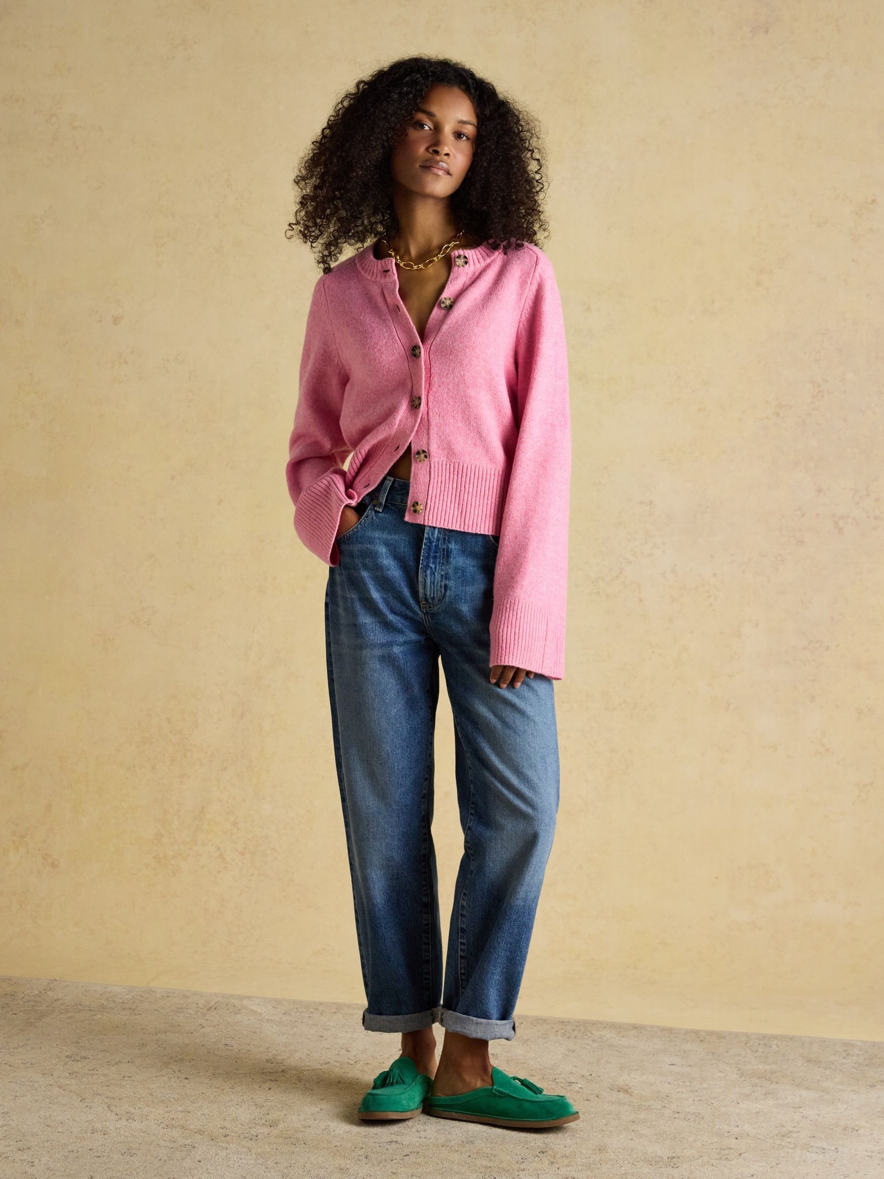 Pink Relaxed Knitted Round Neck Button Through Cardigan - Image 5 of 9