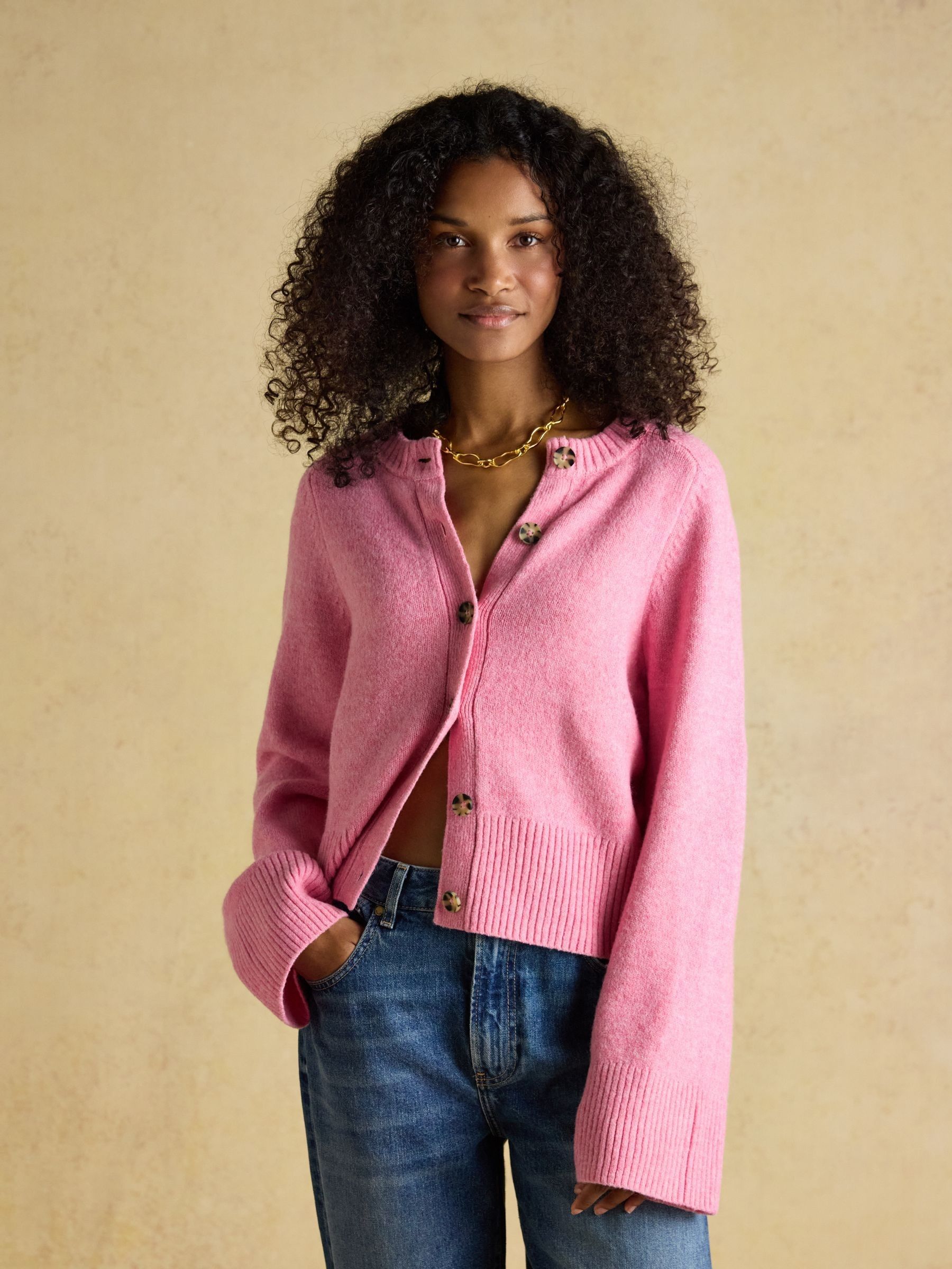 Pink Relaxed Knitted Round Neck Button Through Cardigan - Image 7 of 9