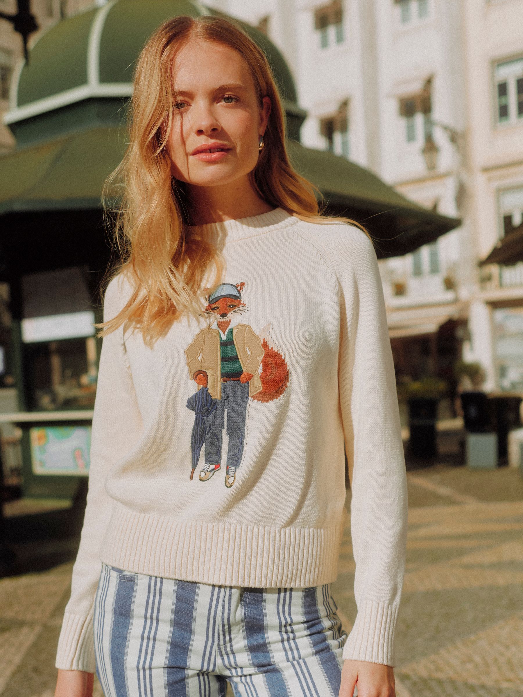 April Showers Cream Jonty Fox Embroidered Cotton-Rich Crew Neck Jumper - Image 1 of 12