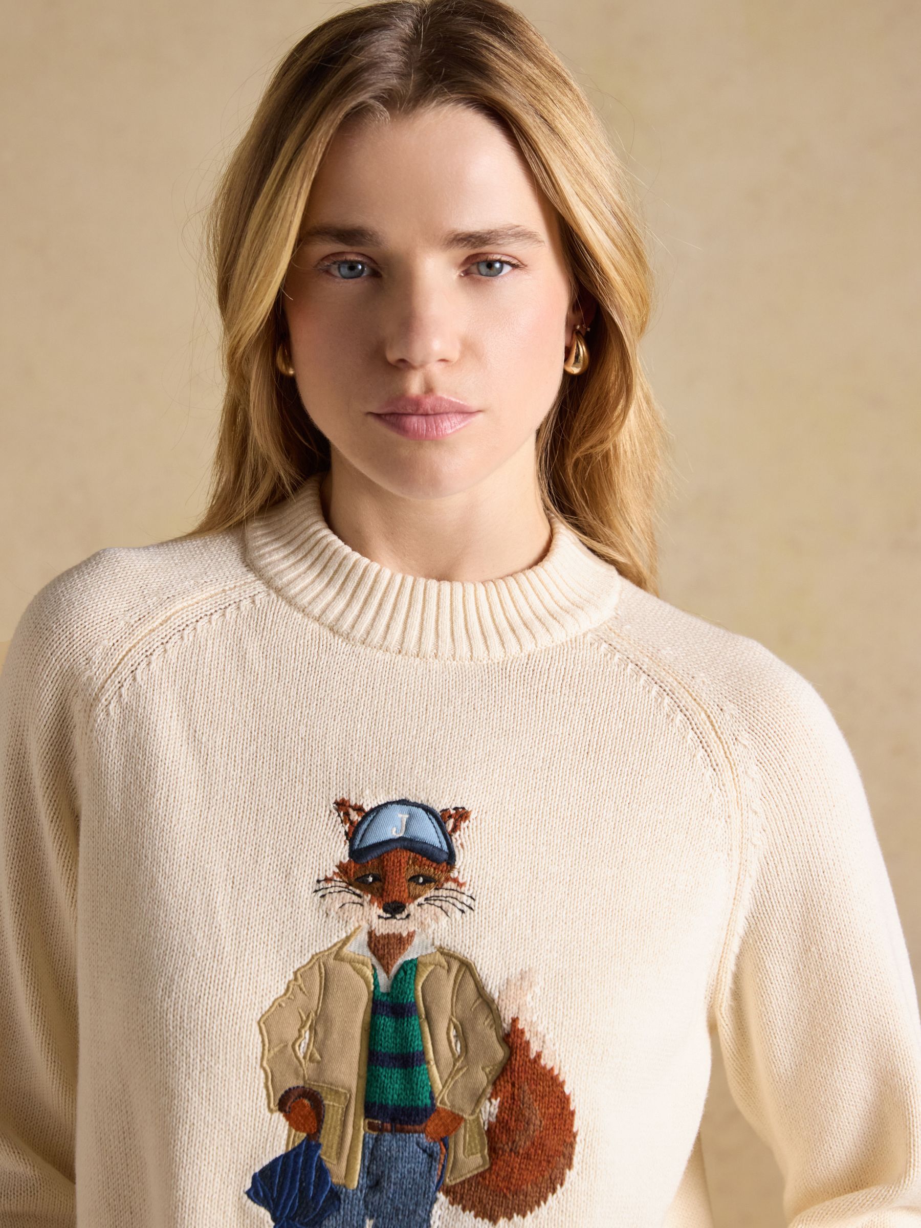 April Showers Cream Jonty Fox Embroidered Cotton-Rich Crew Neck Jumper - Image 8 of 12