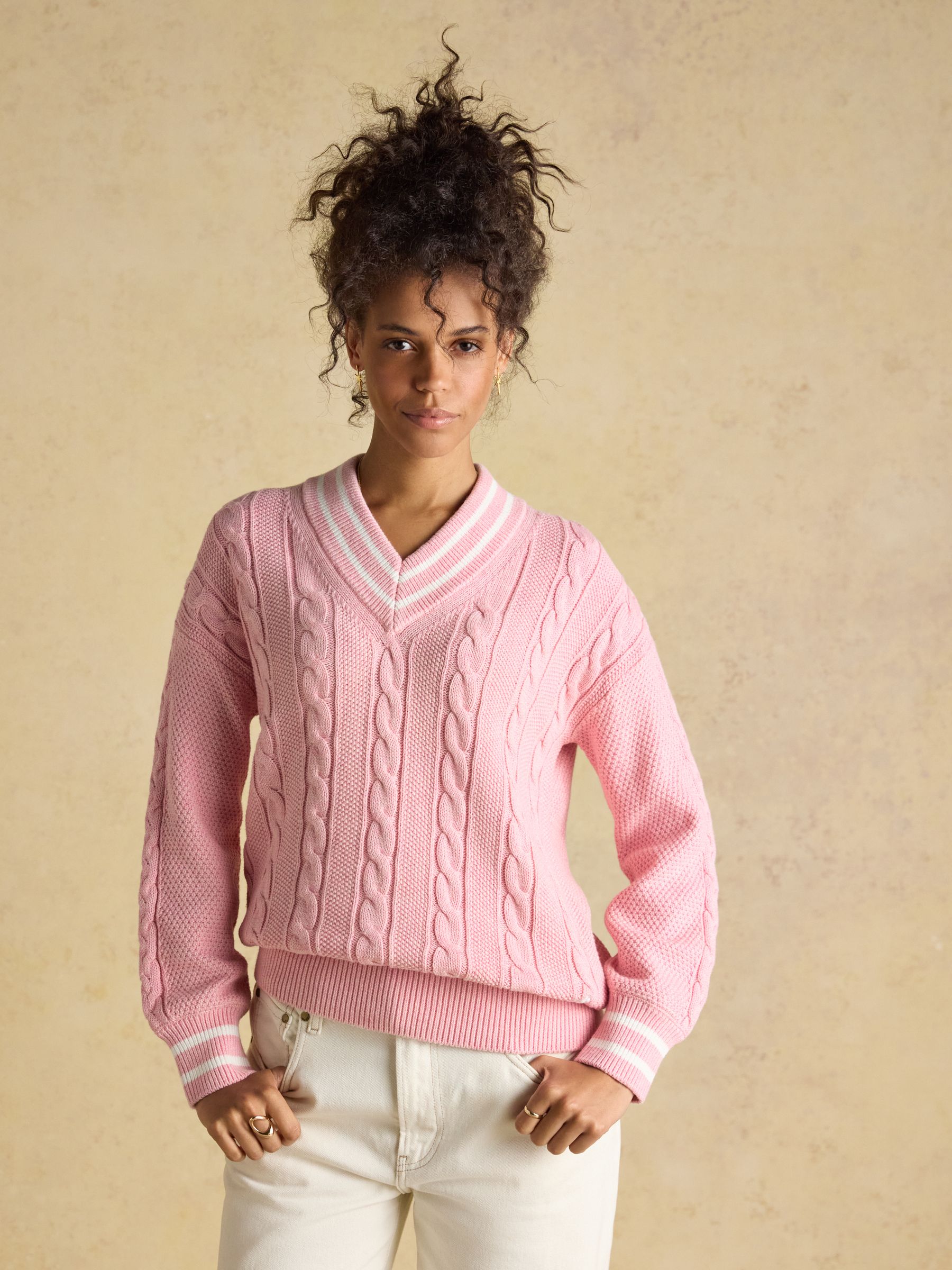 Pink Cotton Cable Knit Cricket Jumper - Image 1 of 7