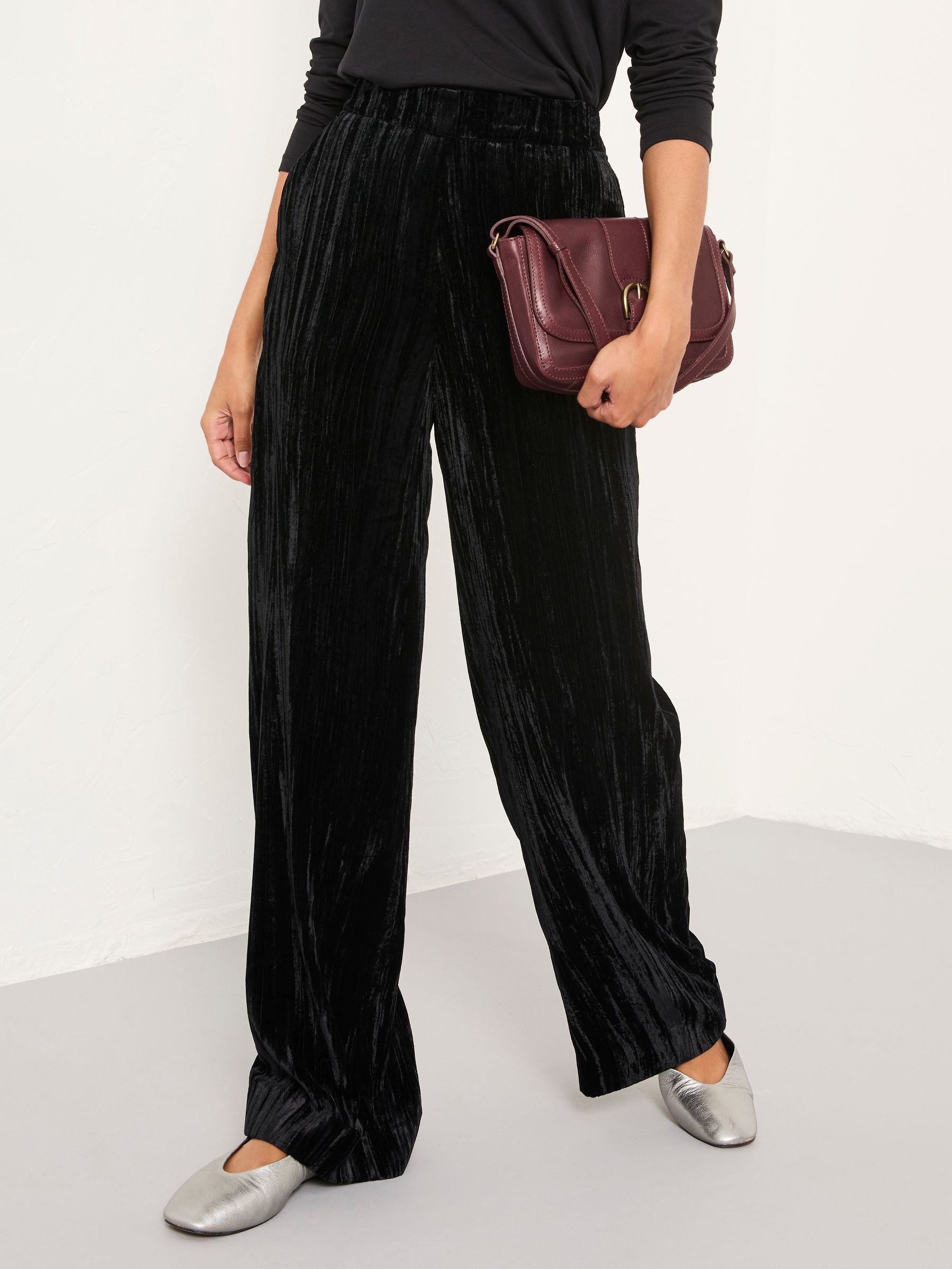 Hetty Black Wide Leg Crinkle Velvet Trousers - Image 1 of 6