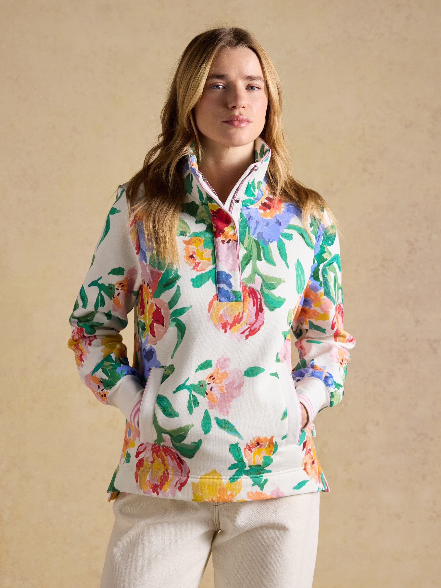 Burnham White Floral Quarter Zip Sweatshirt With Funnel Neck - Image 1 of 9