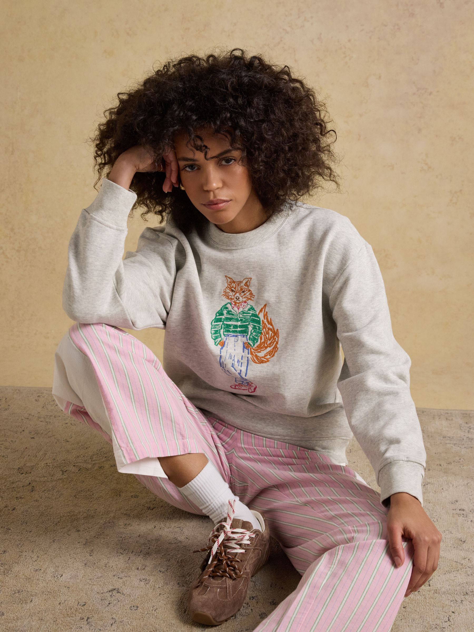 Grey Marl Jonty Fox Embroidered Cotton Crew Neck Sweatshirt - Image 3 of 8