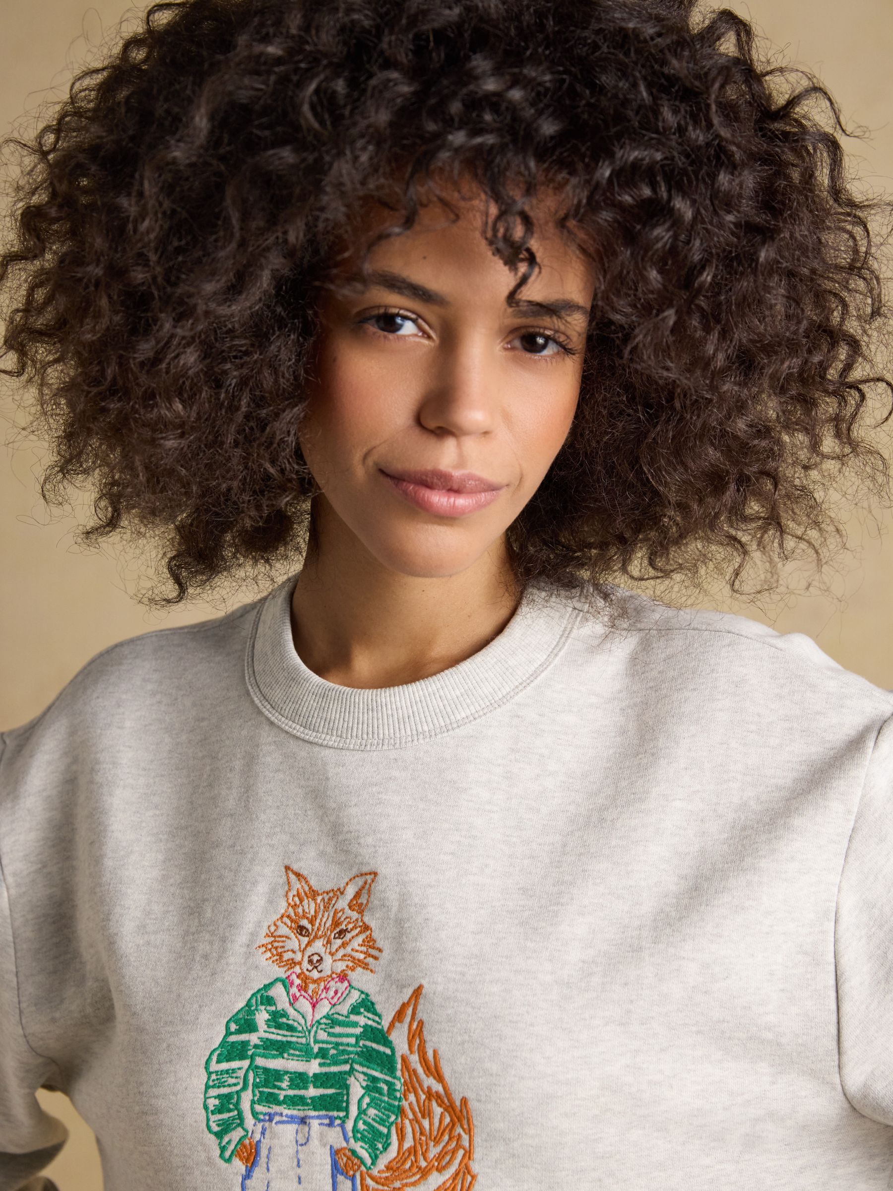 Grey Marl Jonty Fox Embroidered Cotton Crew Neck Sweatshirt - Image 4 of 8