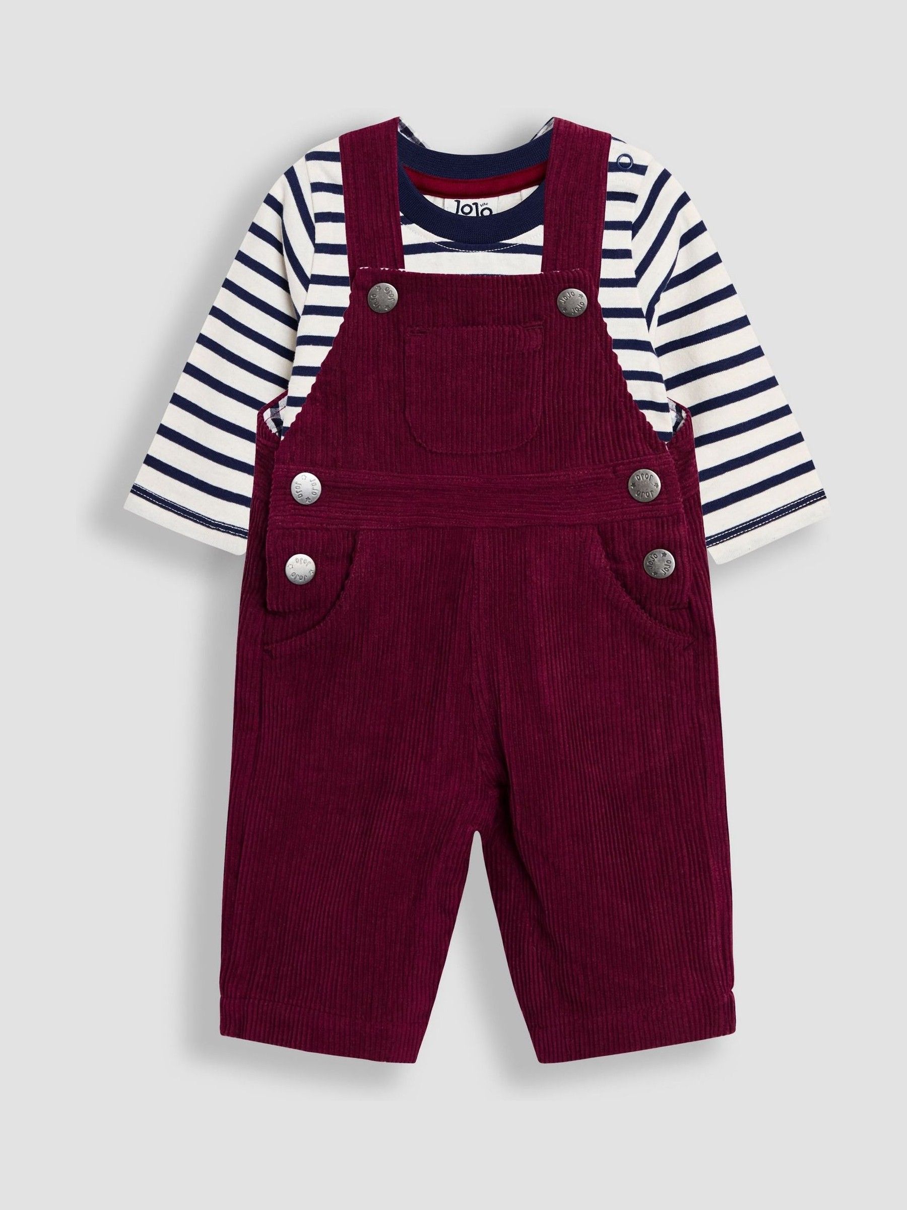 Burgundy Red 2-Piece Classic Cord Dungarees & Stripe Top Set - Image 1 of 6