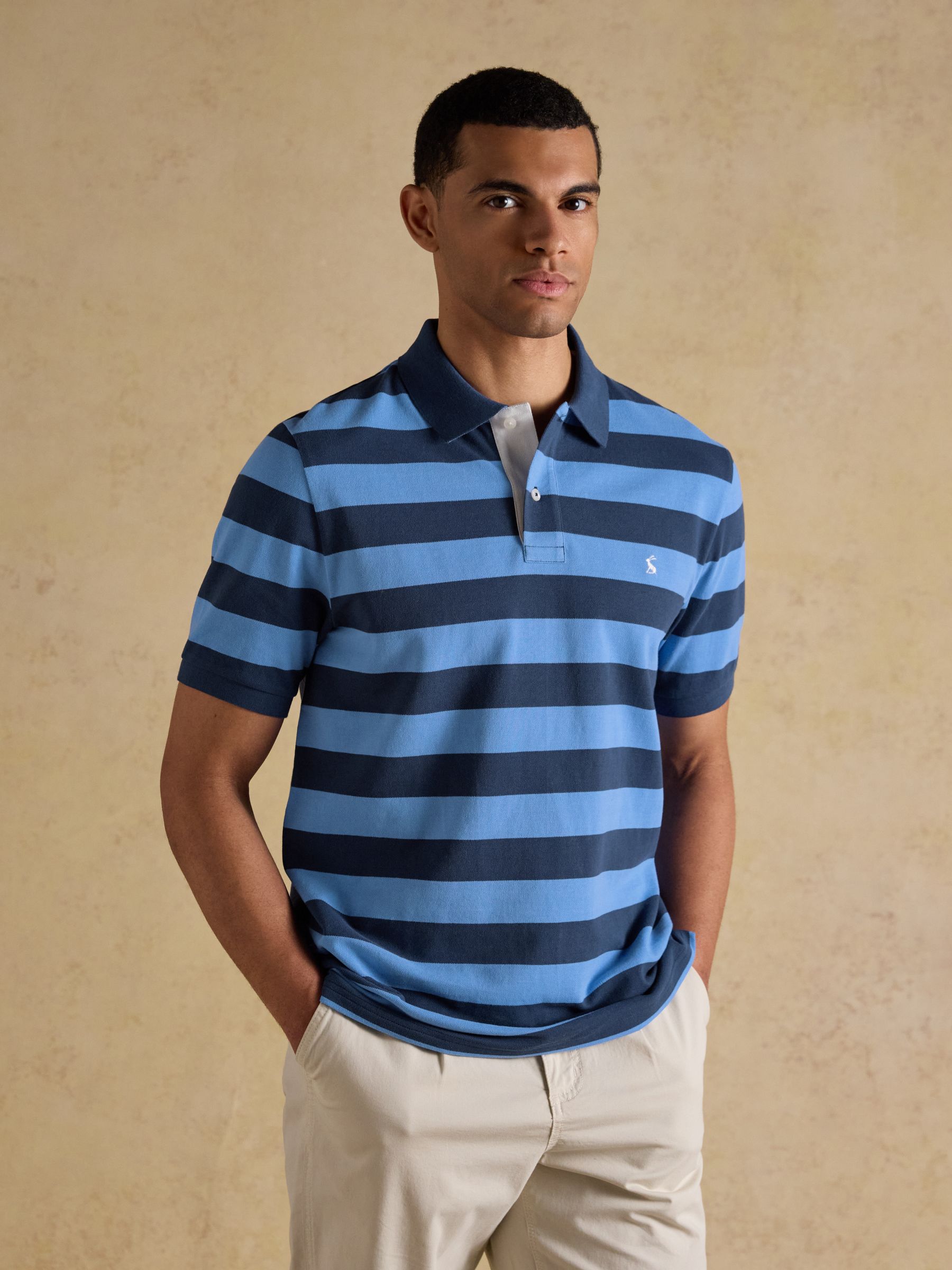 Woody Blue & Navy Stripe Cotton Pique Polo Shirt - Image 1 of 10 Woody Blue & Navy Stripe Cotton Pique Polo Shirt - Image 1 of 10