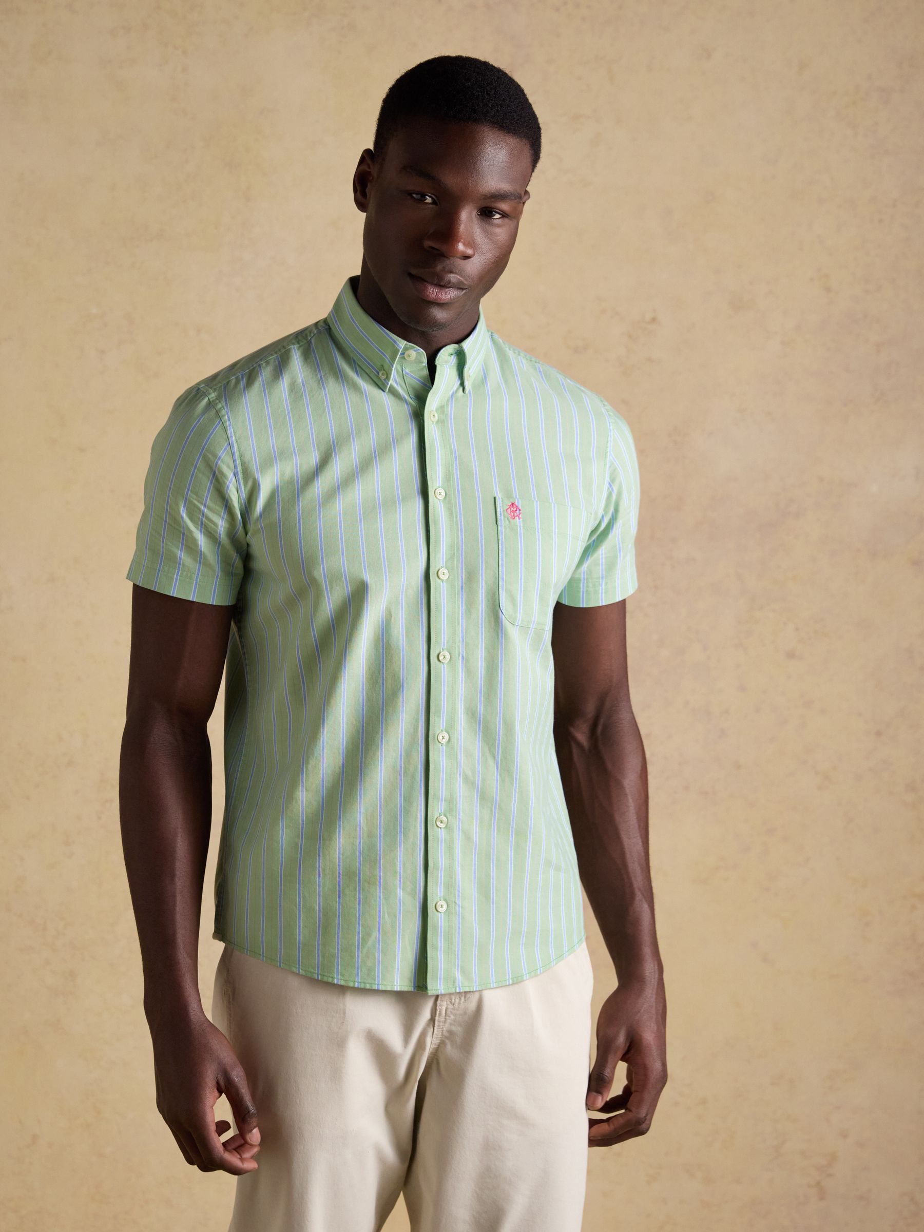 Oxford Green Stripe Short Sleeve Classic Fit Cotton Shirt - Image 1 of 10