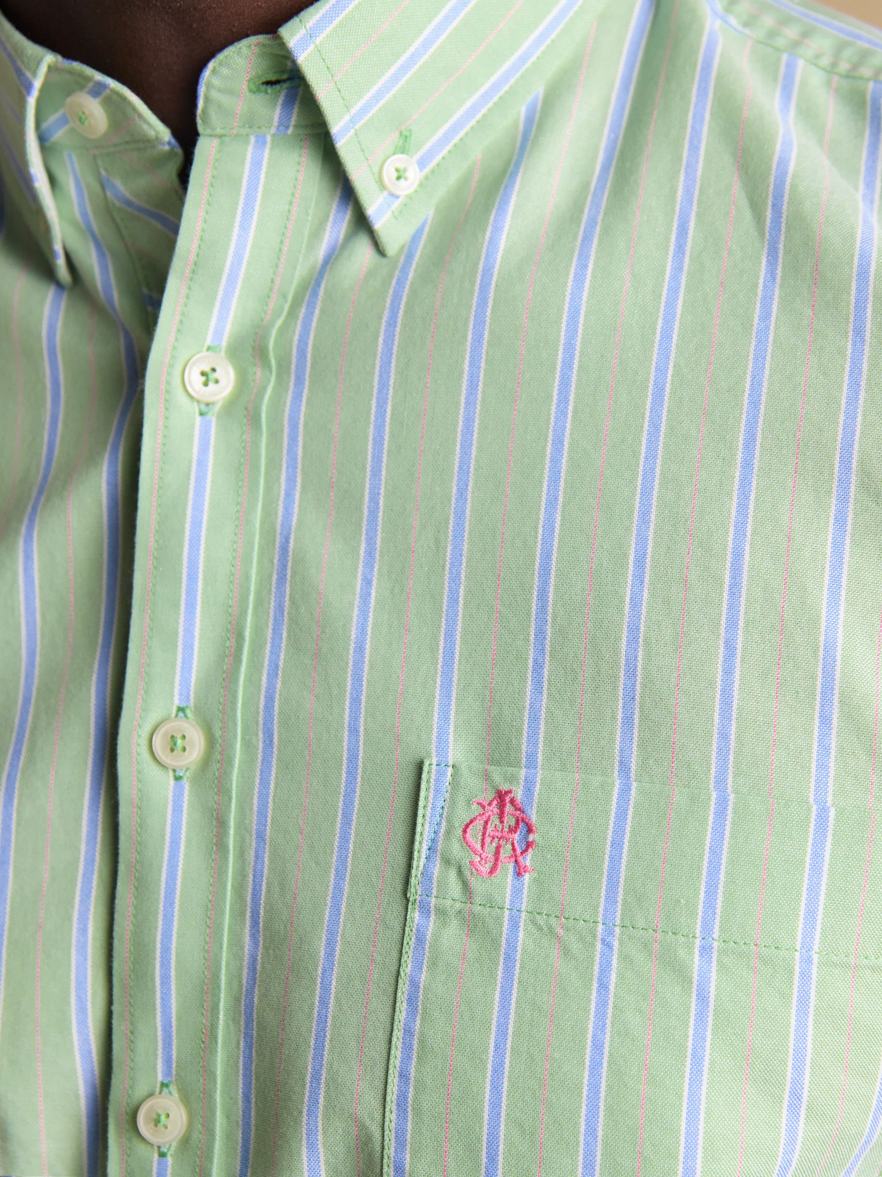 Oxford Green Stripe Short Sleeve Classic Fit Cotton Shirt - Image 5 of 10