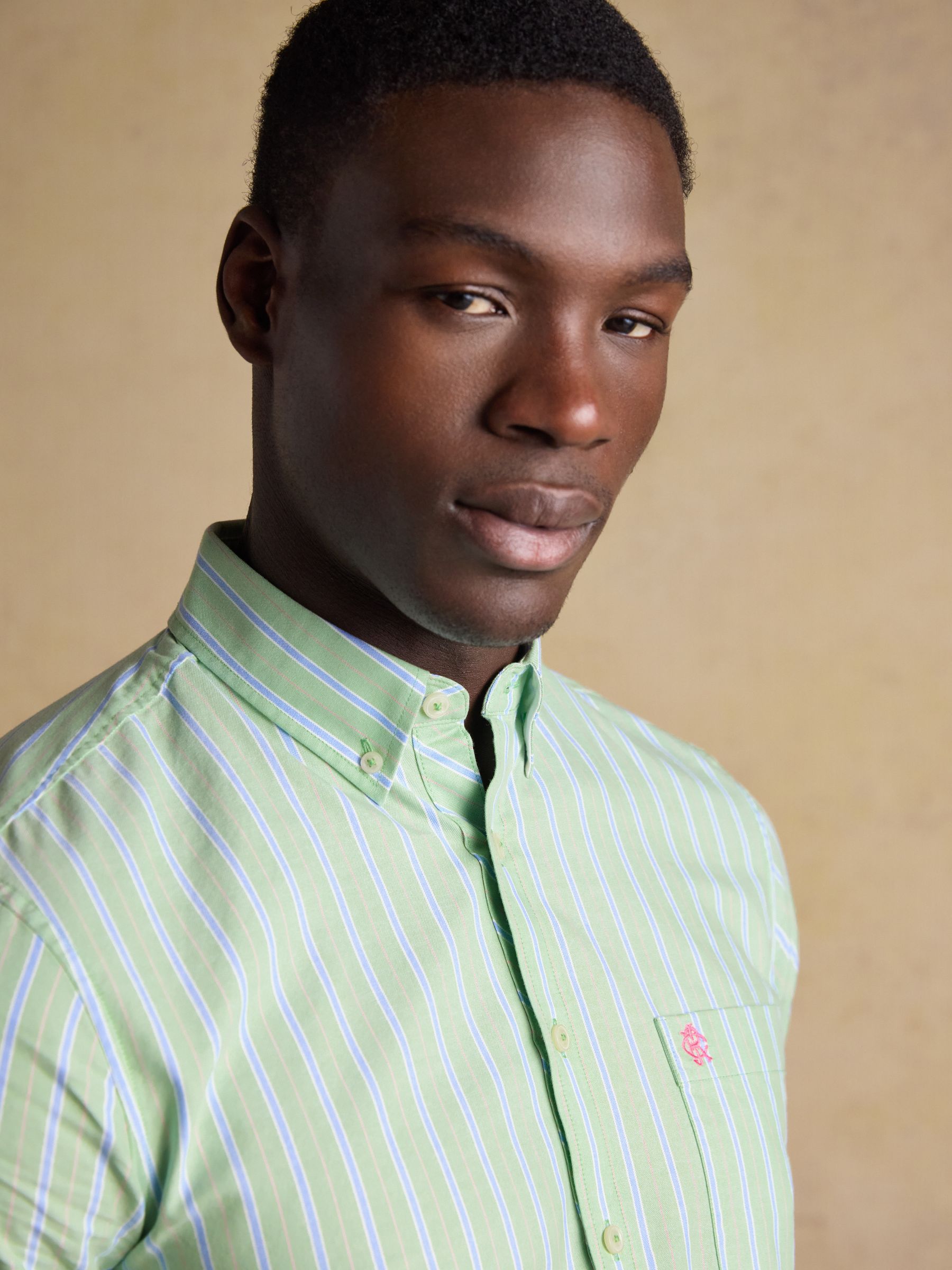 Oxford Green Stripe Short Sleeve Classic Fit Cotton Shirt - Image 6 of 10