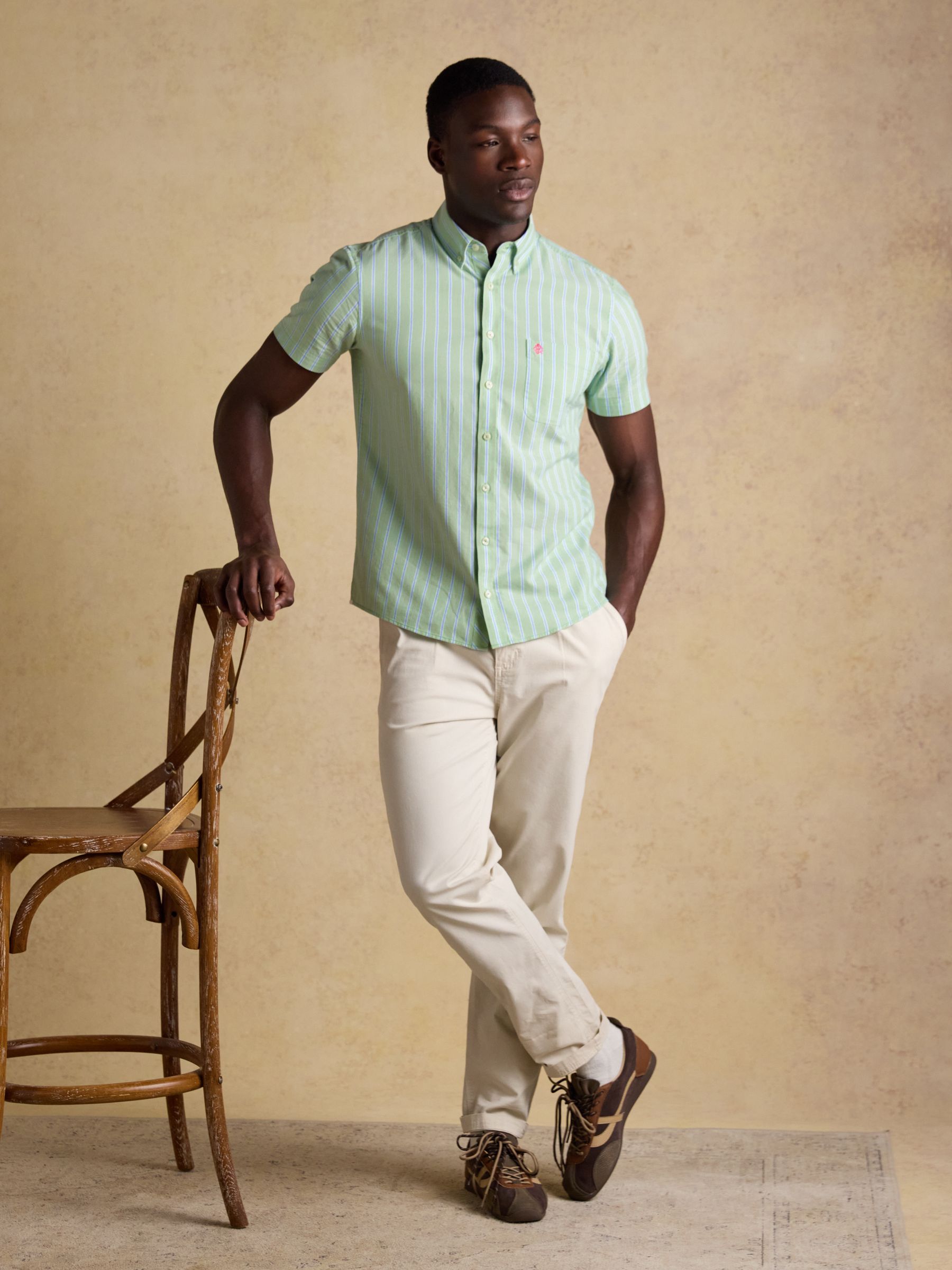 Oxford Green Stripe Short Sleeve Classic Fit Cotton Shirt - Image 8 of 10