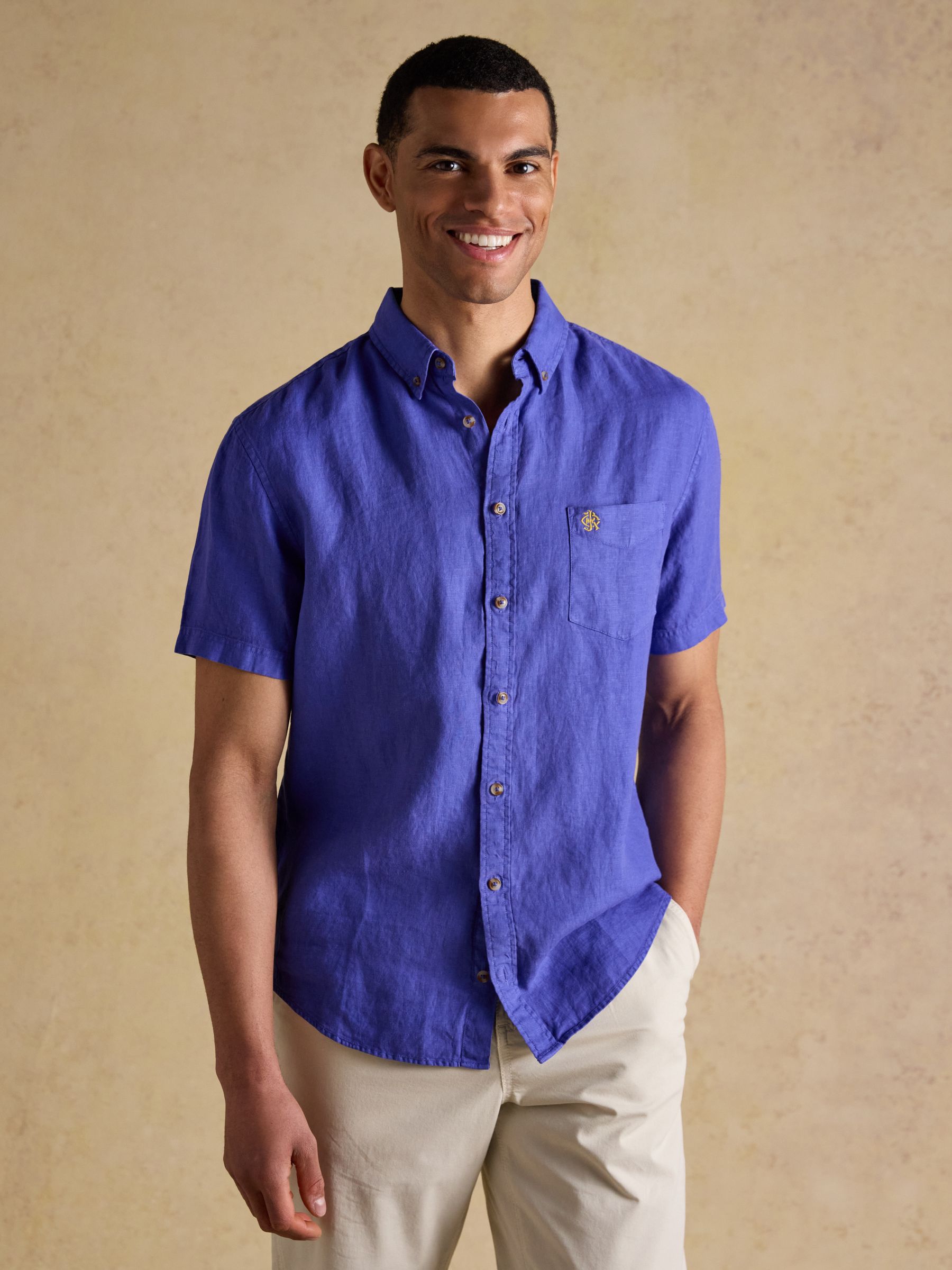Blue 100% Linen Short Sleeve Classic Fit Shirt - Image 1 of 8