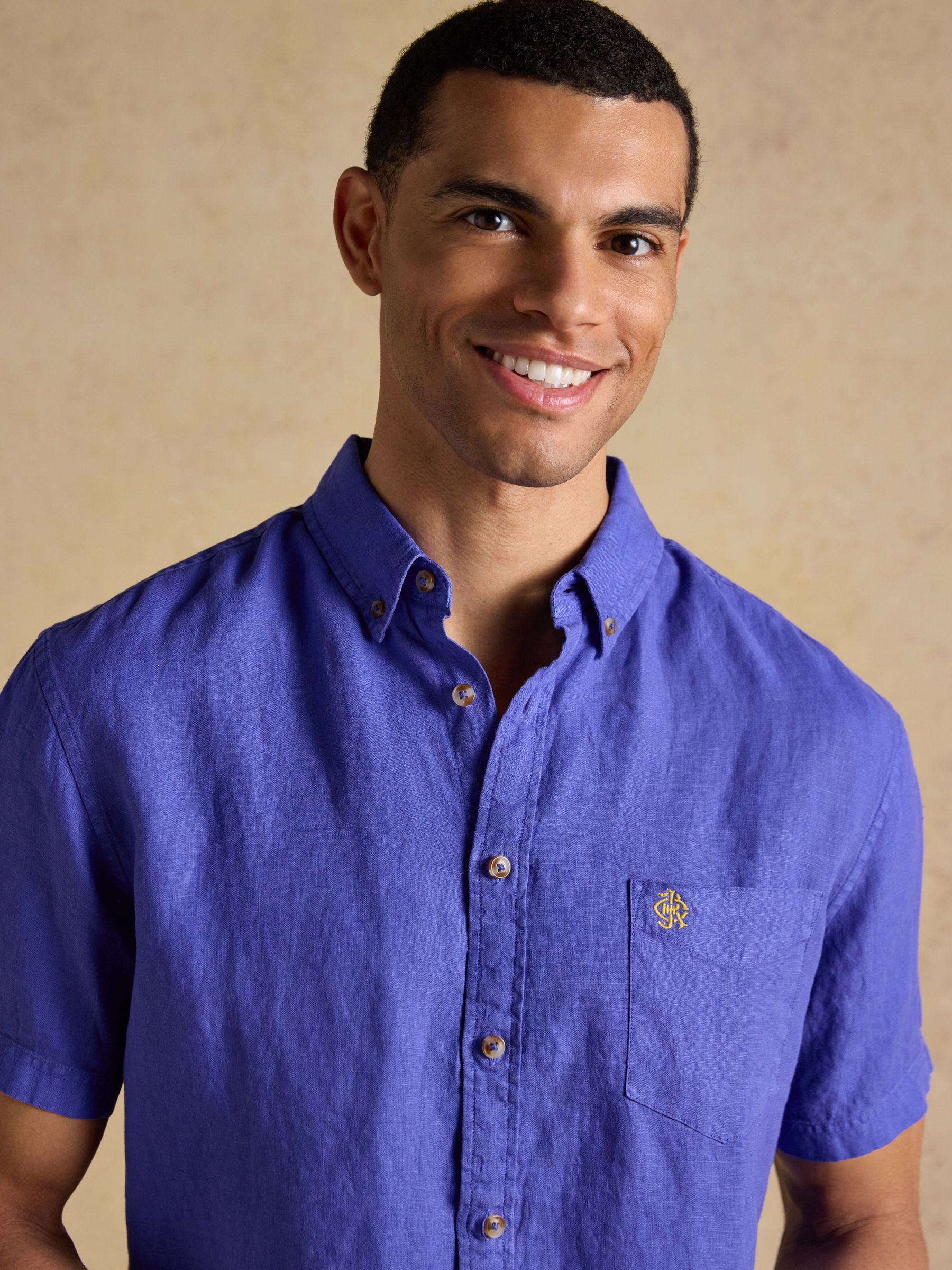 Blue 100% Linen Short Sleeve Classic Fit Shirt - Image 4 of 8