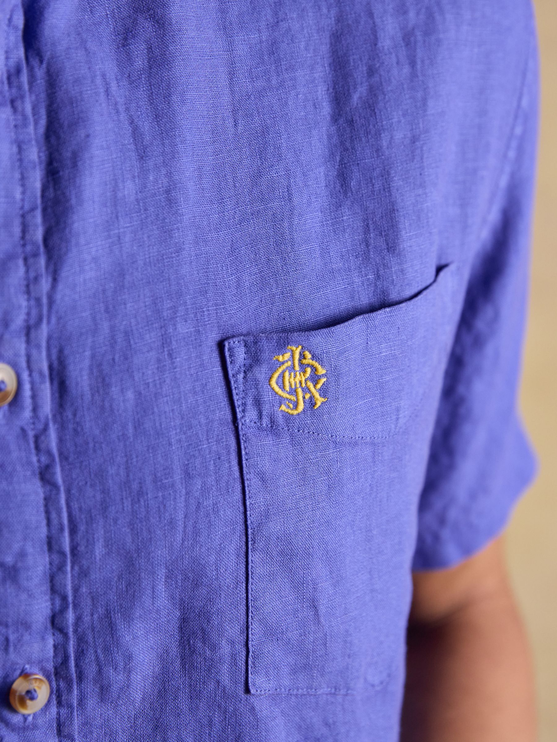 Blue 100% Linen Short Sleeve Classic Fit Shirt - Image 5 of 8