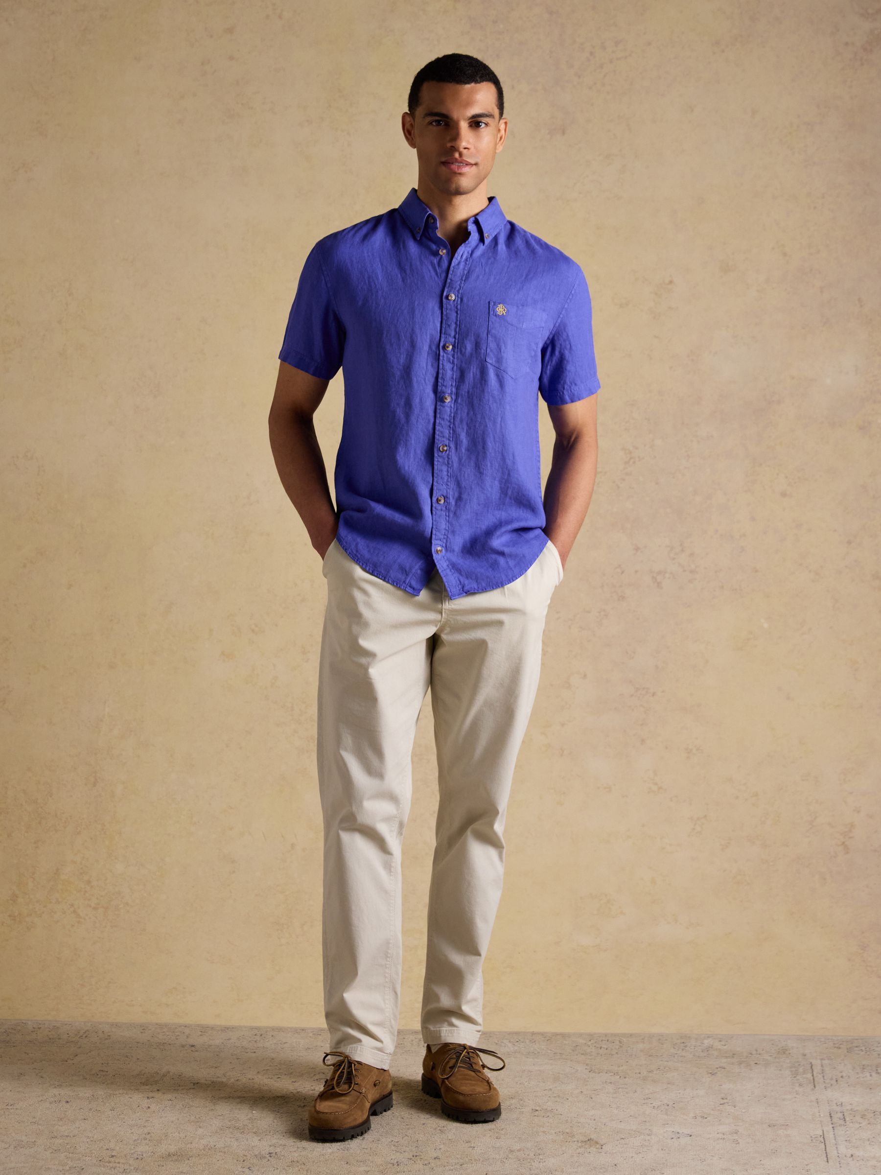Blue 100% Linen Short Sleeve Classic Fit Shirt - Image 6 of 8