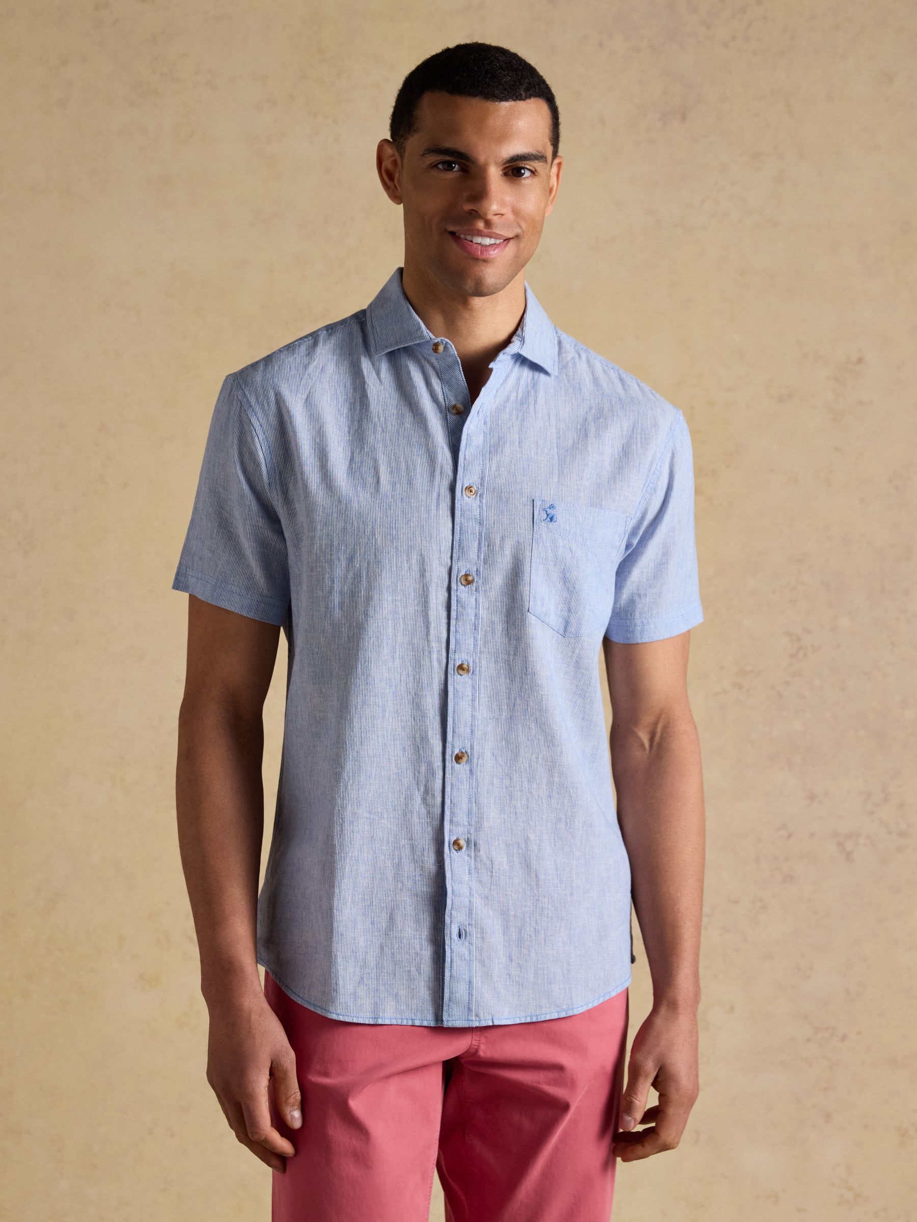 Linen Blend Light Blue Short Sleeve Shirt - Image 1 of 9