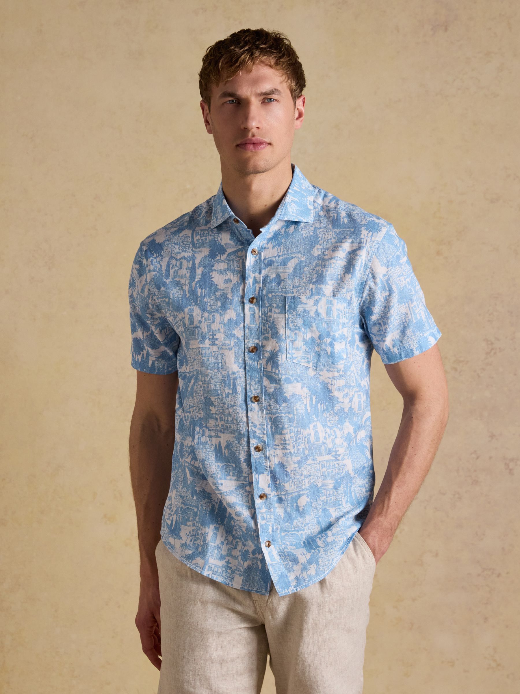 Linen Blend Blue Printed Short Sleeve Shirt - Image 1 of 6