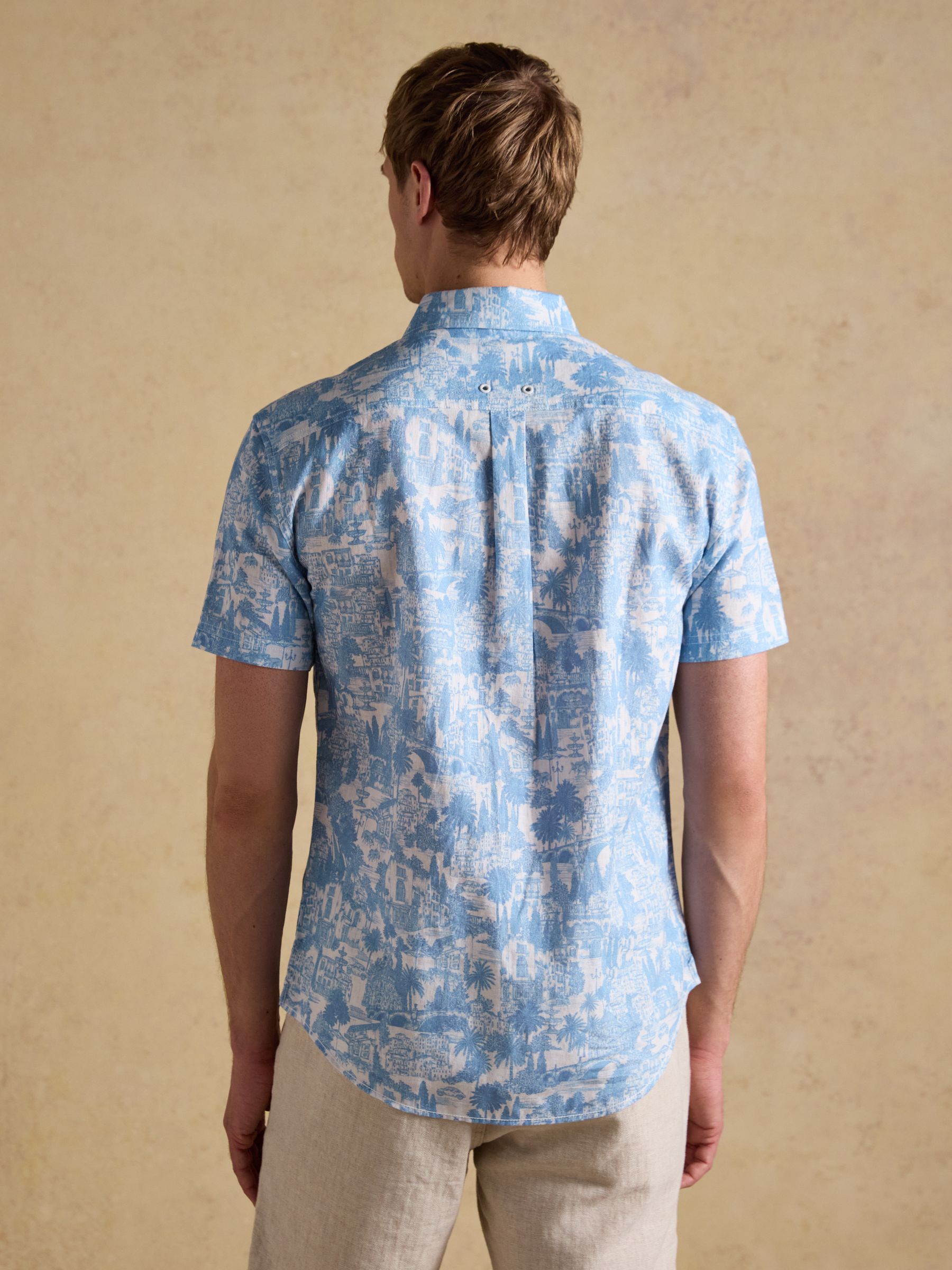 Linen Blend Blue Printed Short Sleeve Shirt - Image 3 of 6