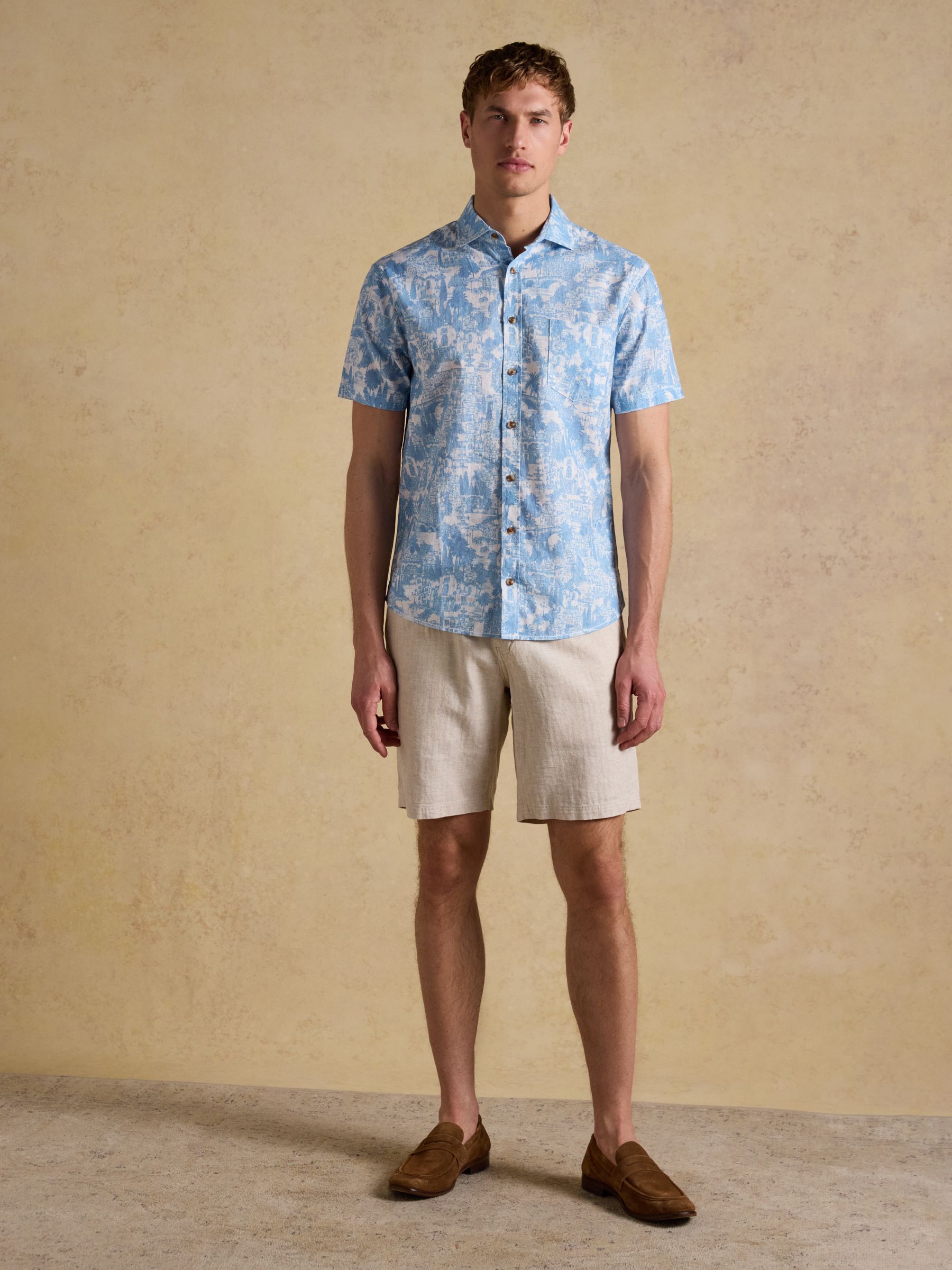 Linen Blend Blue Printed Short Sleeve Shirt - Image 4 of 6