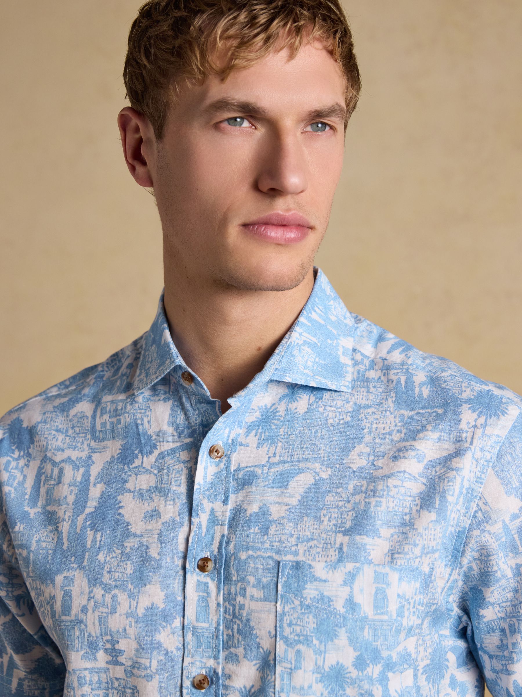 Linen Blend Blue Printed Short Sleeve Shirt - Image 5 of 6