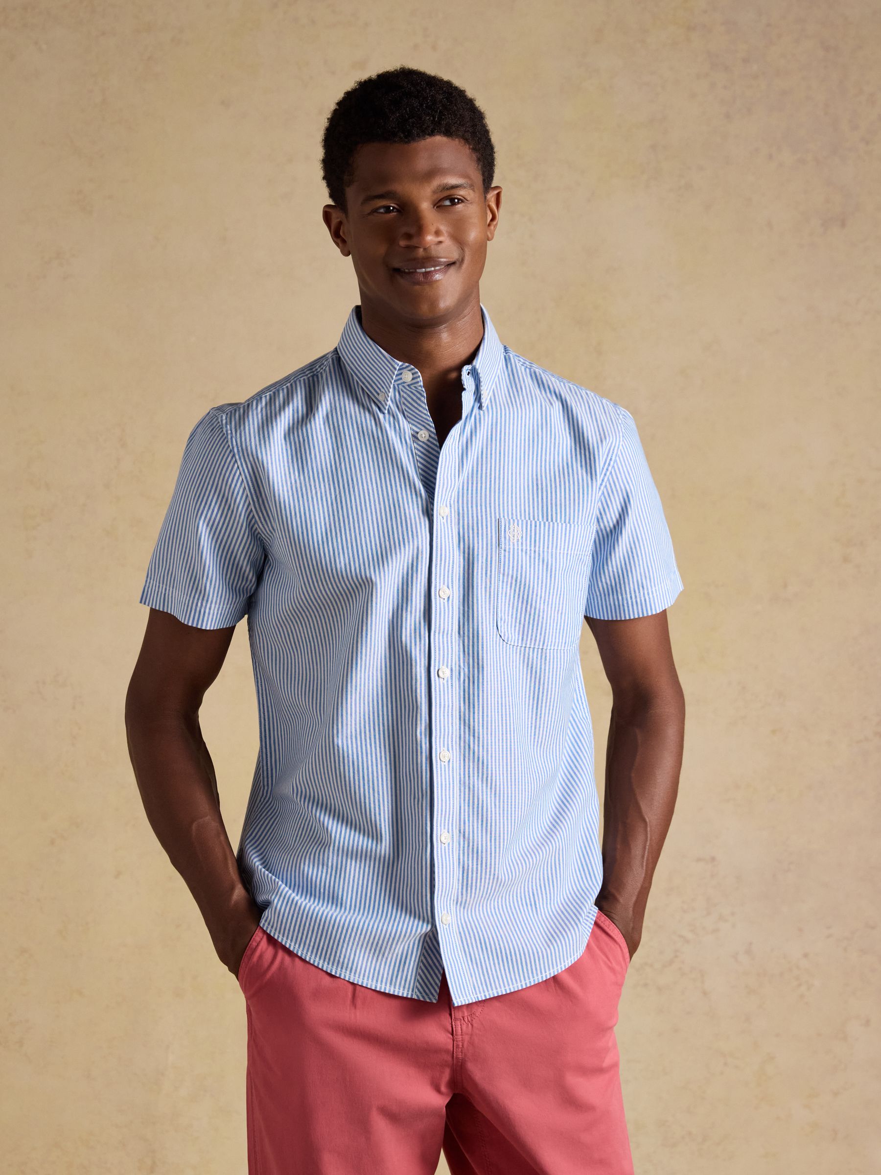 Oxford Blue Stripe Short Sleeve Classic Fit Cotton Shirt - Image 1 of 9
