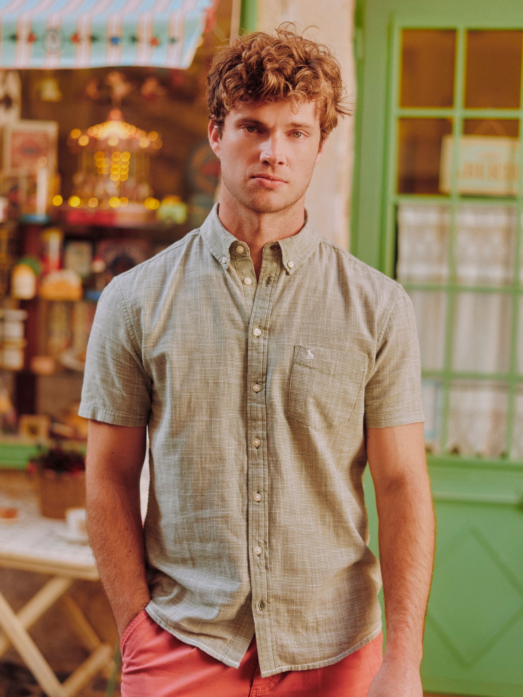 Khaki Green Puppytooth Short Sleeve Classic Fit Shirt - Image 1 of 9