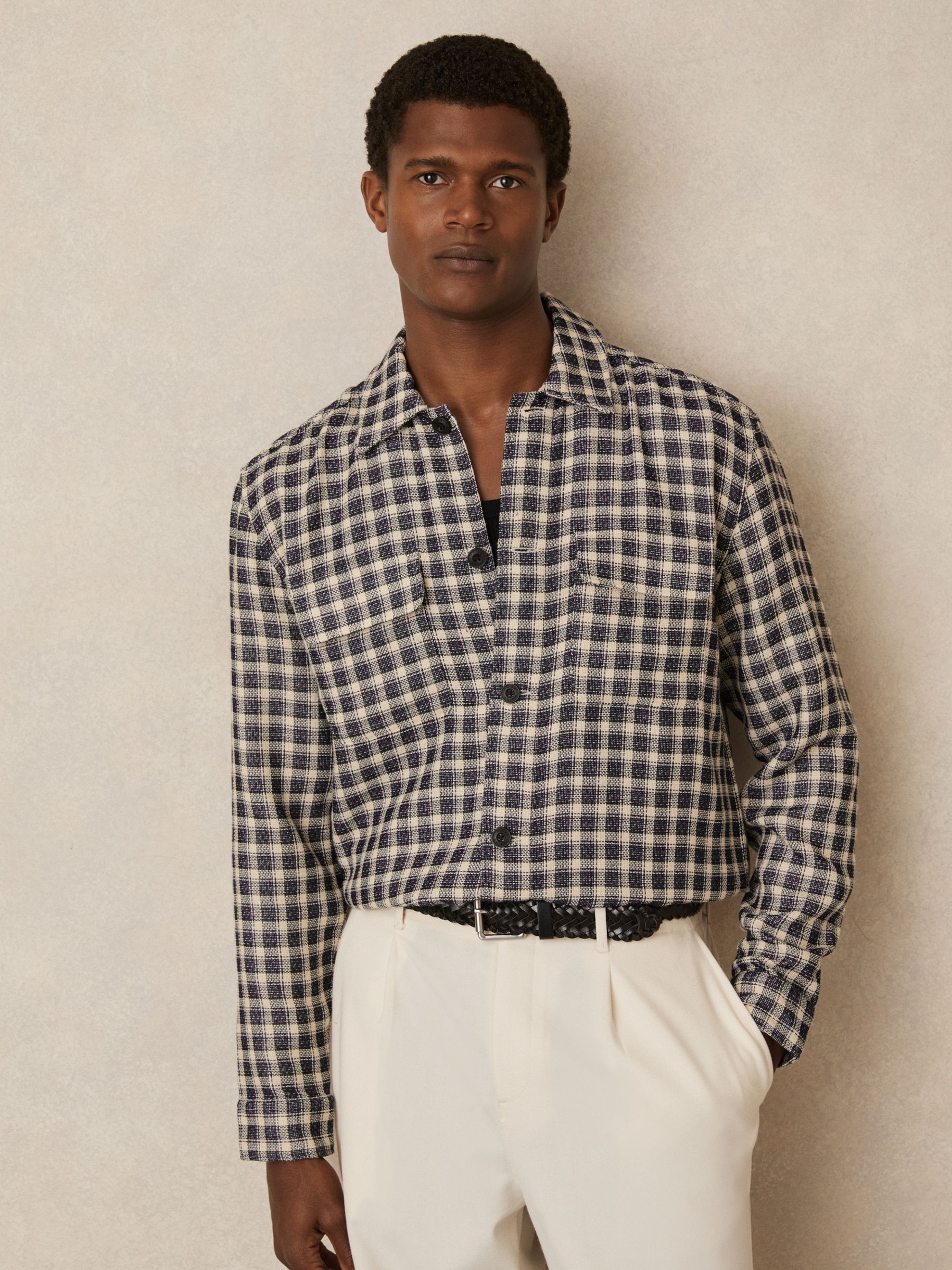 Reiss Woven Check Twin Pocket Overshirt in Navy/White | REISS