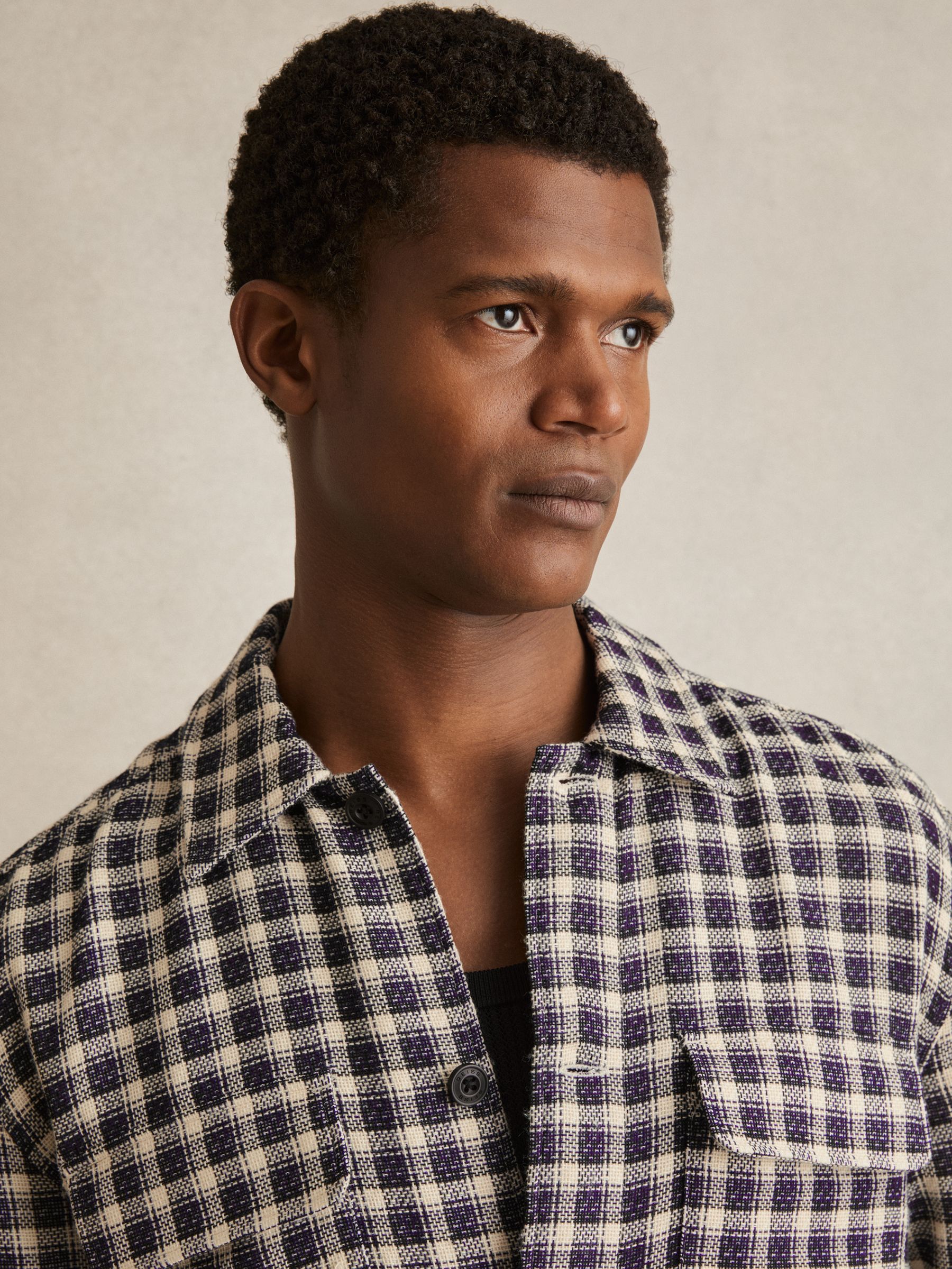 Reiss Woven Check Twin Pocket Overshirt in Navy/White - REISS