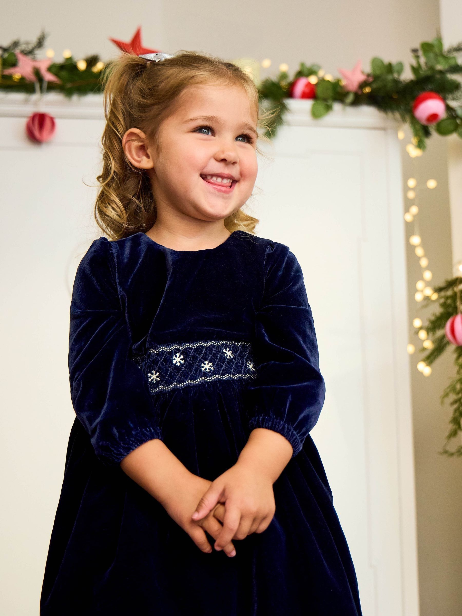 Navy Blue Smocked Waist Velvet Party Dress - Image 1 of 2