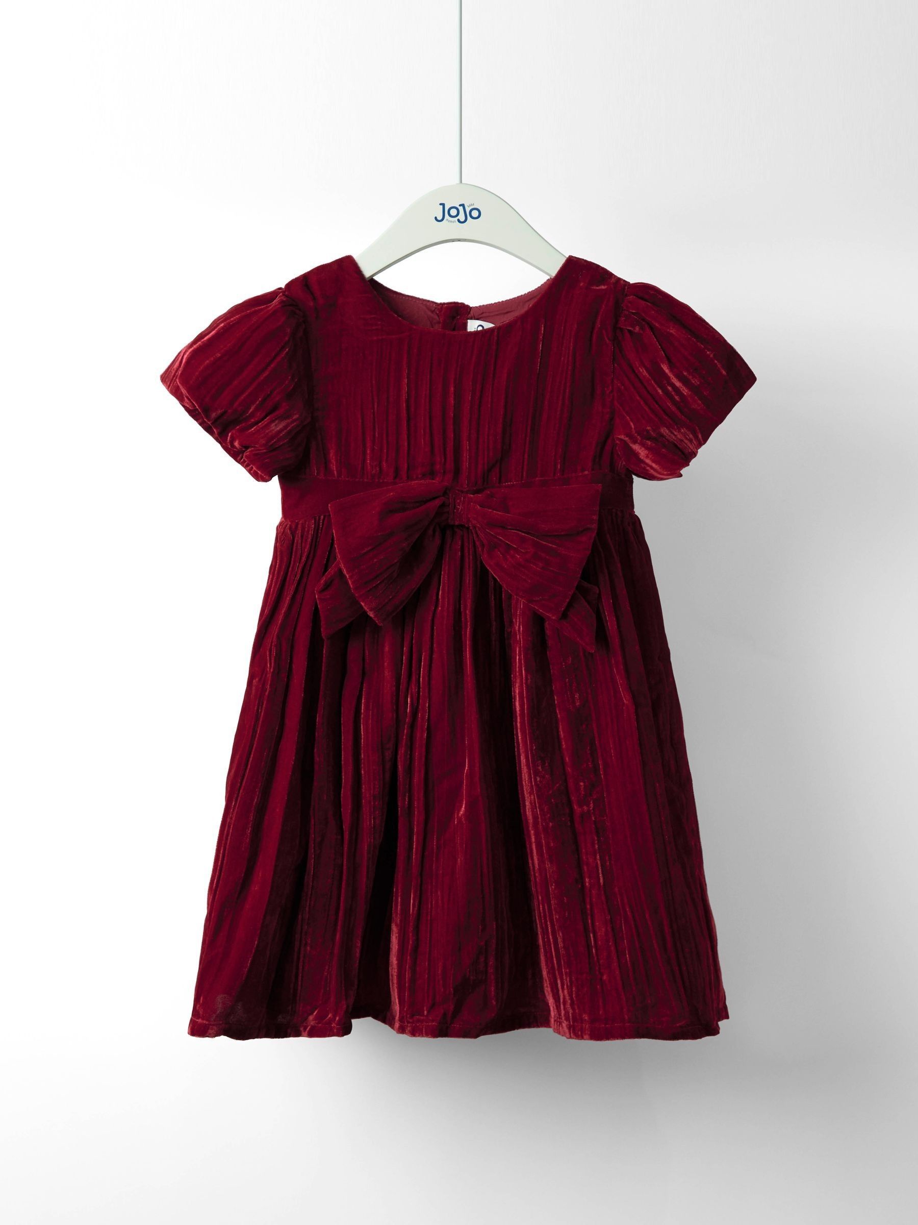 Red Velvet Puff Sleeve Party Dress with Bow | JoJo Maman Bb