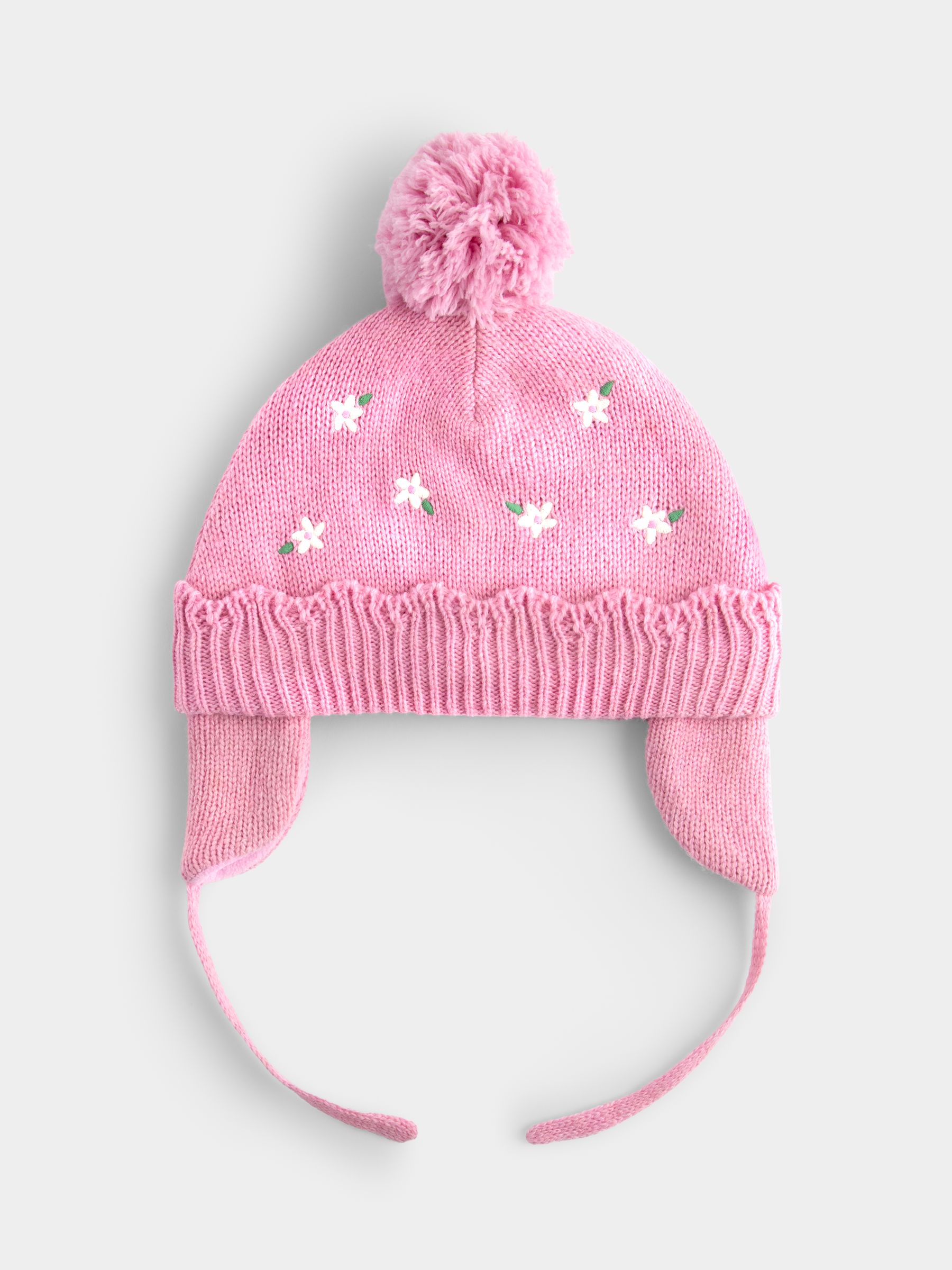 Pink Flower Embroidered Pom Pom Knitted Hat - Image 1 of 4 Pink Flower Embroidered Pom Pom Knitted Hat - Image 1 of 4