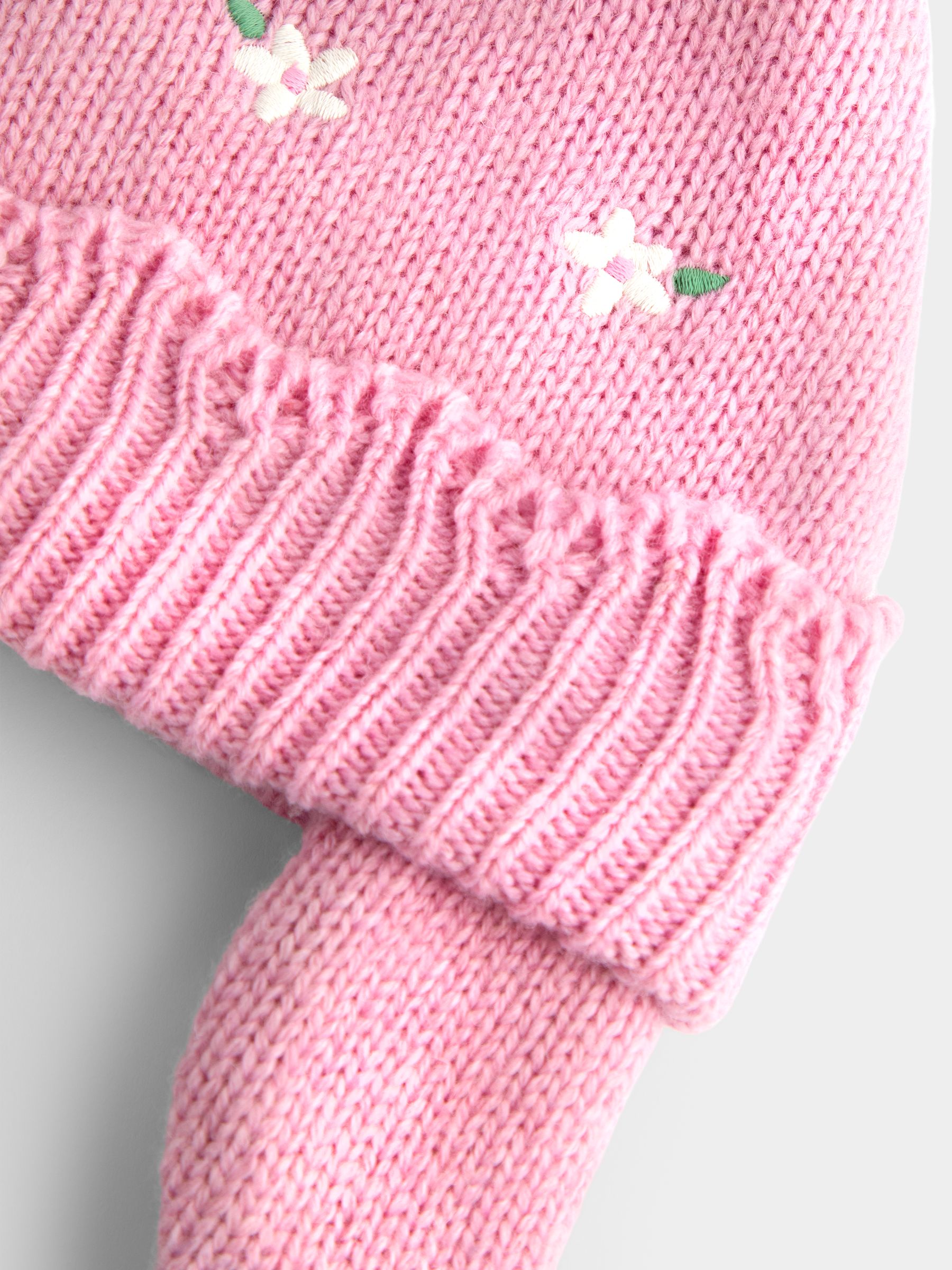 Pink Flower Embroidered Pom Pom Knitted Hat - Image 3 of 4
