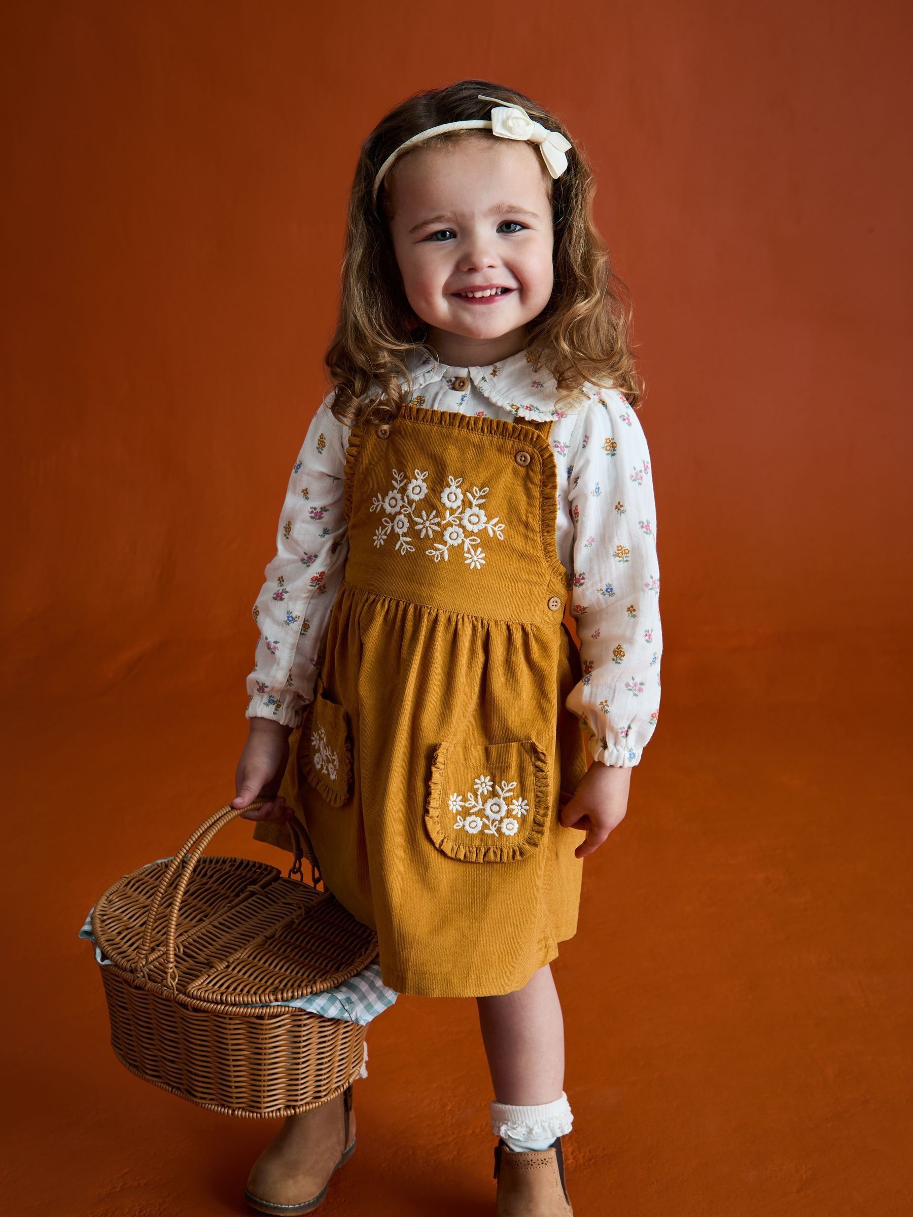 Mustard Yellow Embroidered Cord Pinafore Dress Blouse Set JoJo