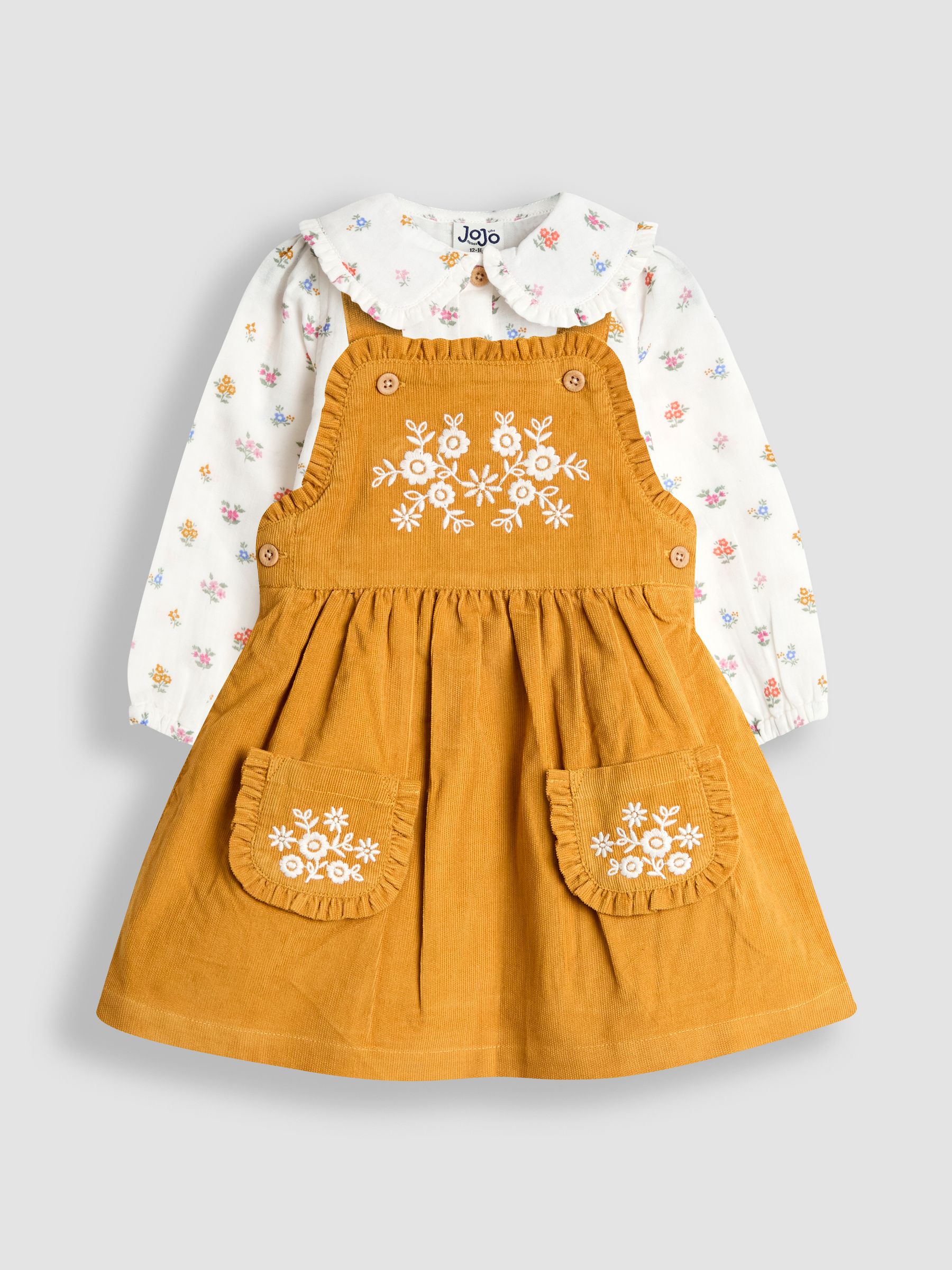 mustard yellow pinafore dress Mustard Yellow Embroidered Cord Pinafore Dress & Blouse Set