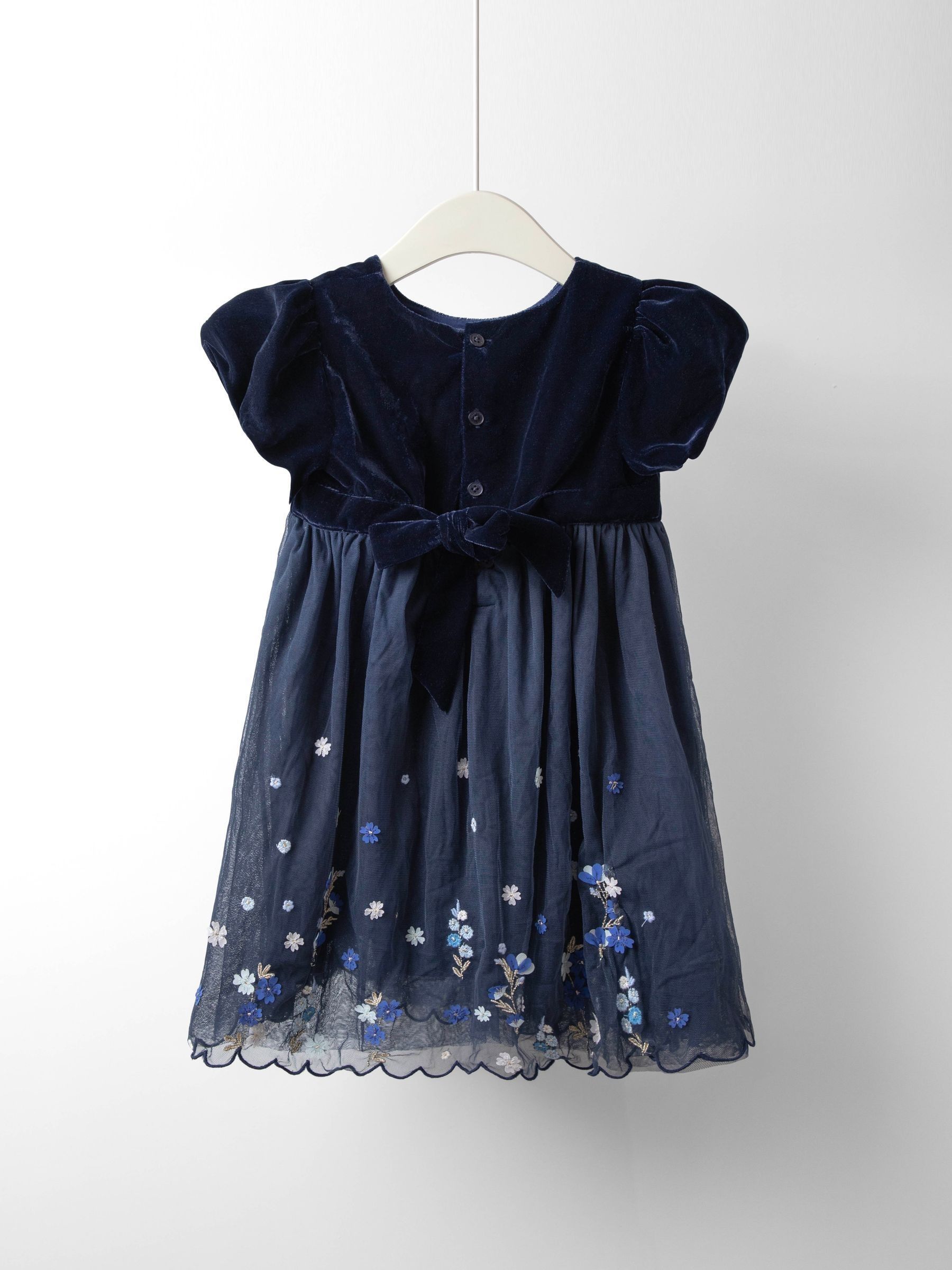 Navy Blue Blossom Velvet Topped Party Dress - Image 4 of 4