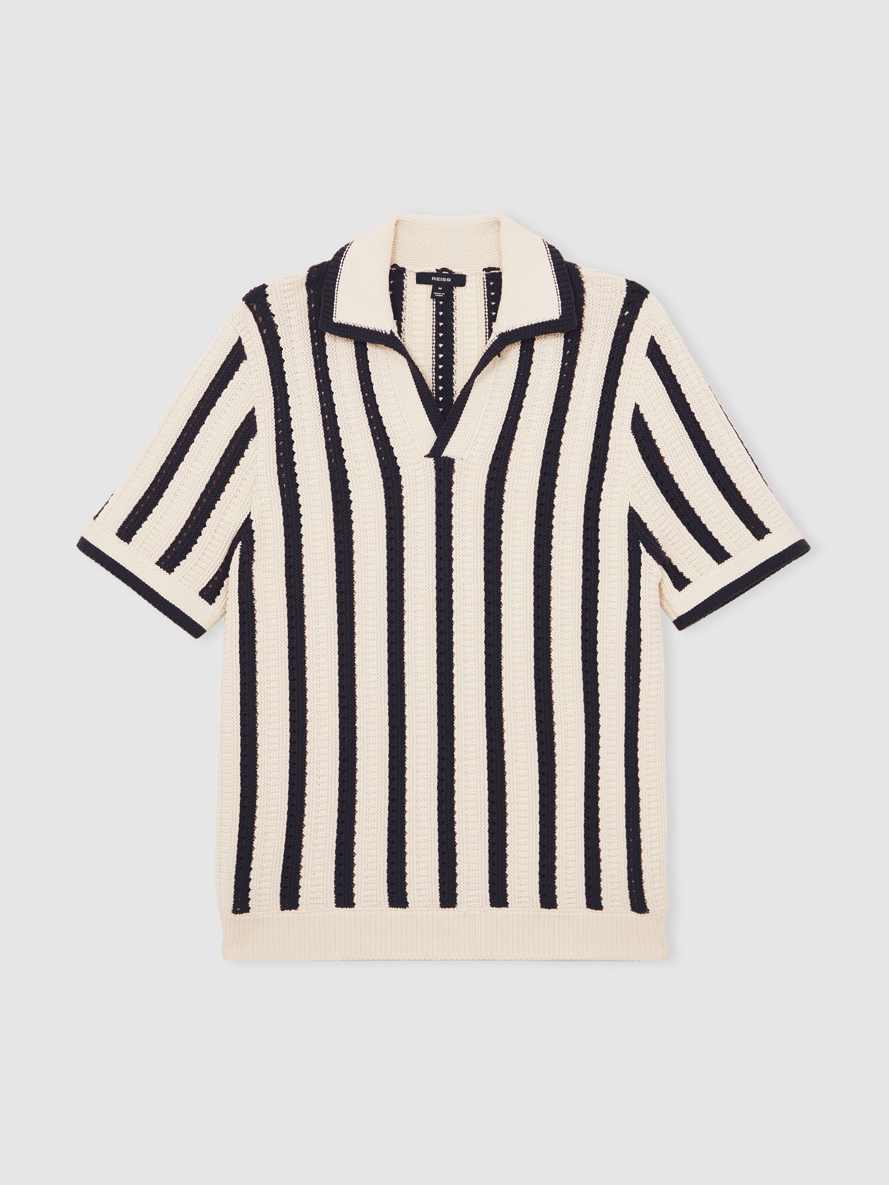 Cotton Blend Stripe Knit Polo Shirt in Off White/Navy - Image 2 of 7