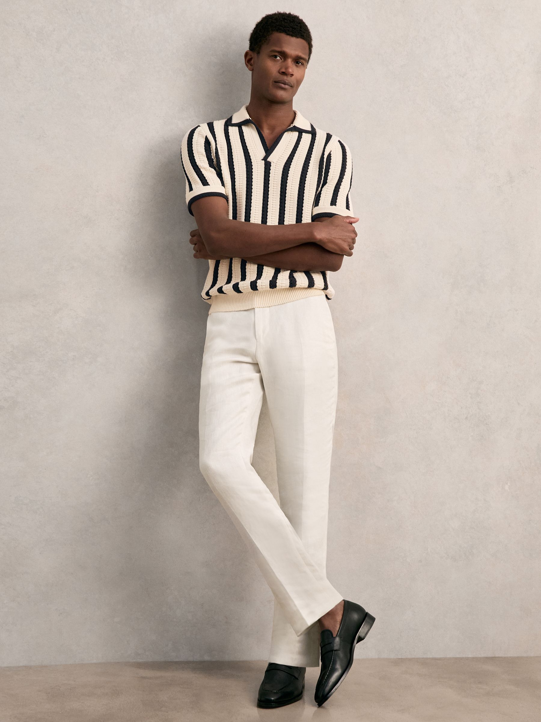 Cotton Blend Stripe Knit Polo Shirt in Off White/Navy - Image 3 of 7